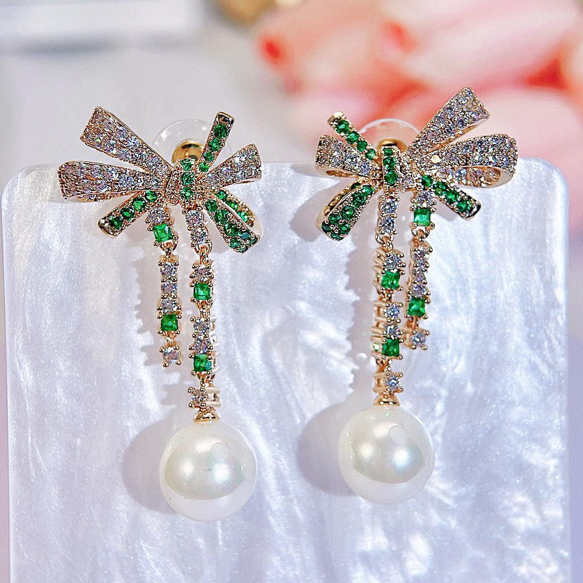 CMM Trendy Bowknot Design Paved White Green CZ Zirconia Women Long Artificial Pearl Drop Earrings for Bridal
