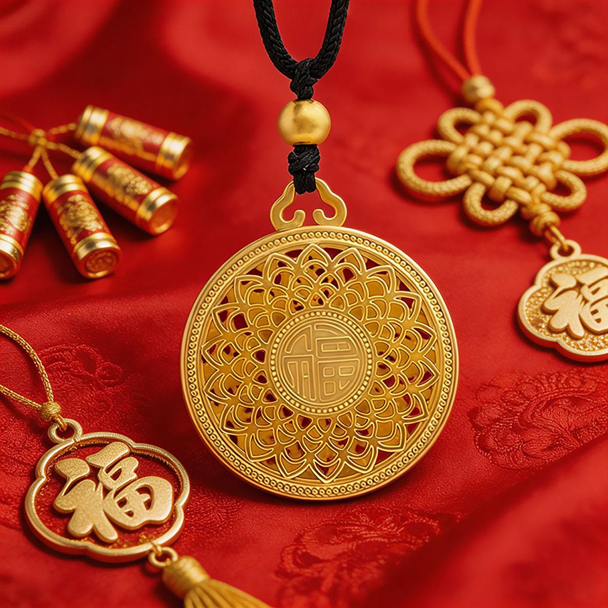 Eight-treasure Compass Necklace, Unisex Pendant, Gold, Black Braided Cord, Blessing Plate, Hollow, Chinese Style, Sweater Chain, New Style