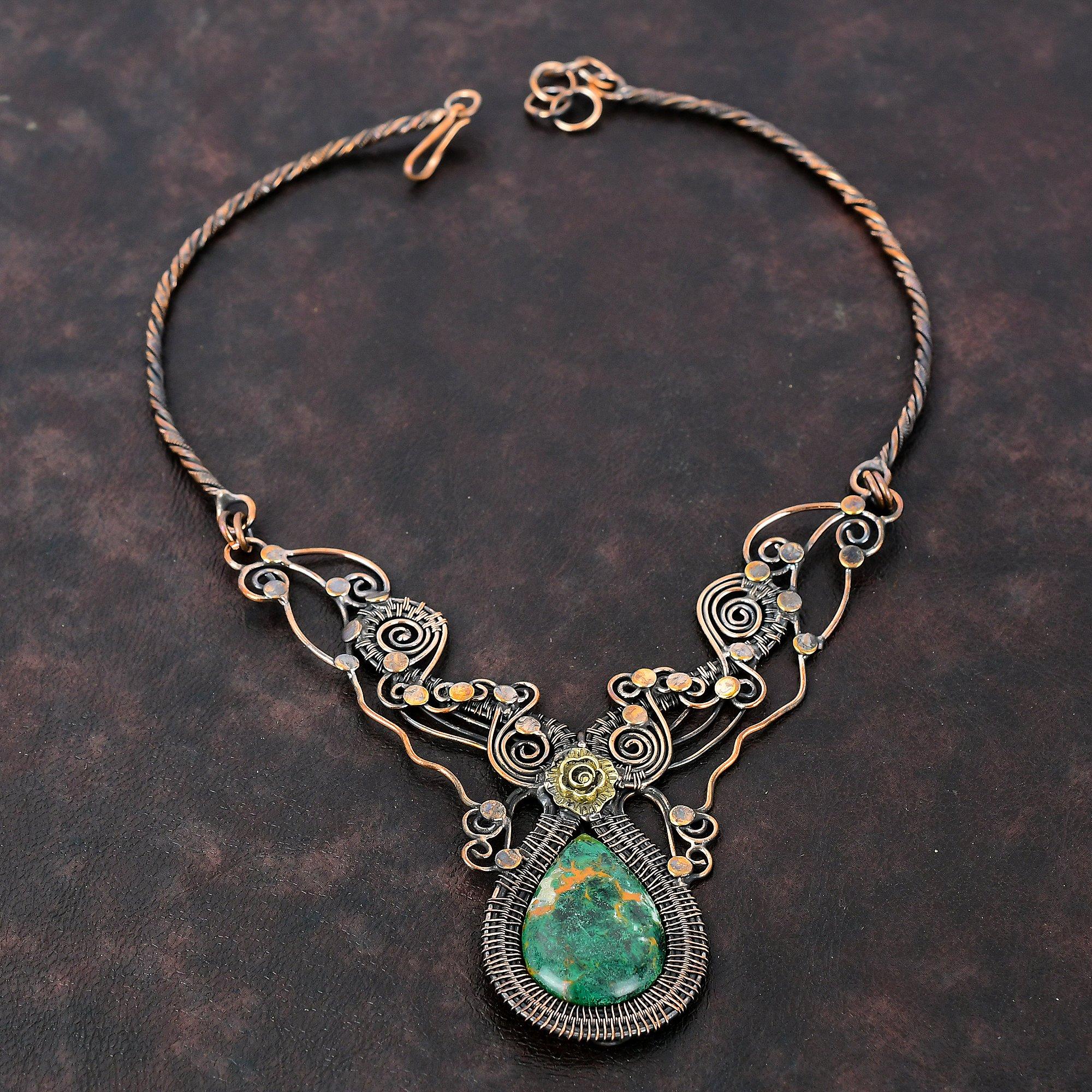 Cuprite Chrysocolla Necklace Copper Wire Wrapped Gemstone Necklace Adjustable Necklace Handmade Copper Jewelry Gift For Mom Designer Jewelry