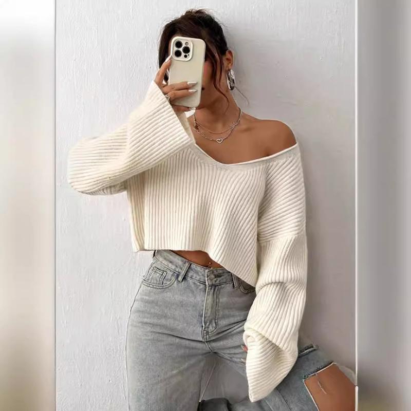 Women Autumn Winter V Neck Sexy Long Sleeve Wardrobe Staple Solid Color Comfy Loose Pullovers Knitted Sweater Top