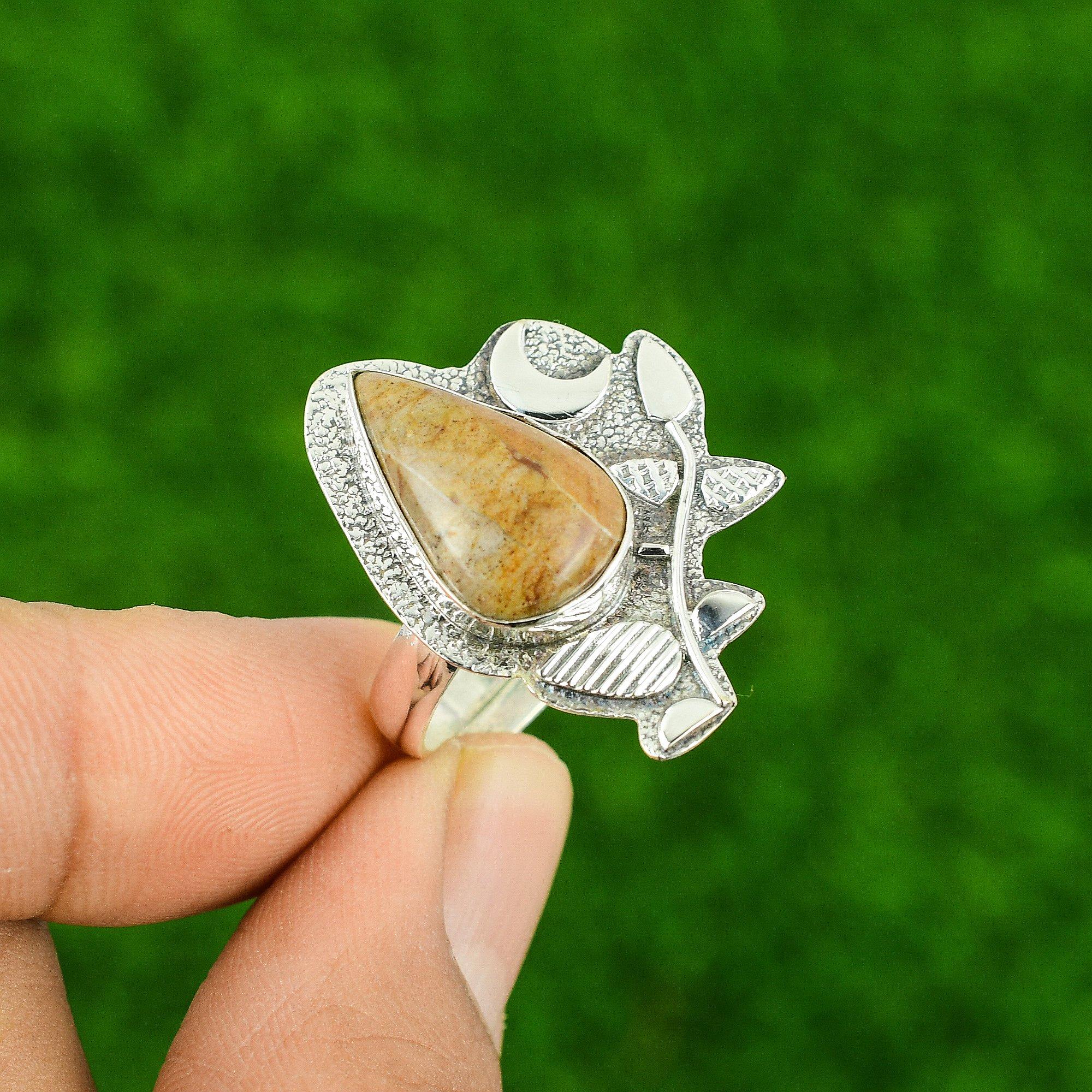 Sterling Silver Natural Picture Jasper Engagement Wife Stackable Ring Jewelry