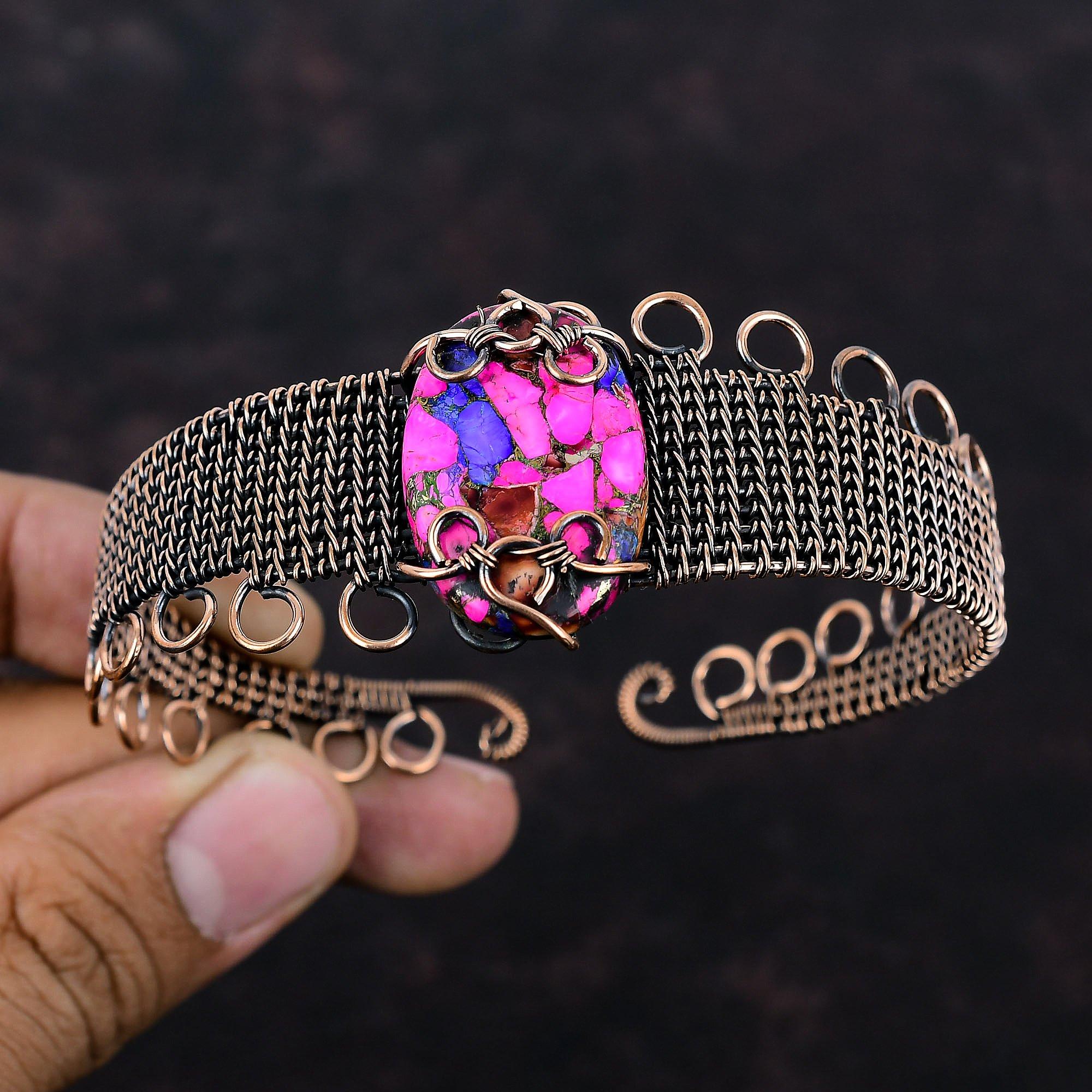 Kingman Pink Dahlia Turquoise Cuff Bracelet Copper Wire Wrapped Bangle Adjustable Cuff Bracelet Handmade Real Gemstone Jewelry Wedding Gift
