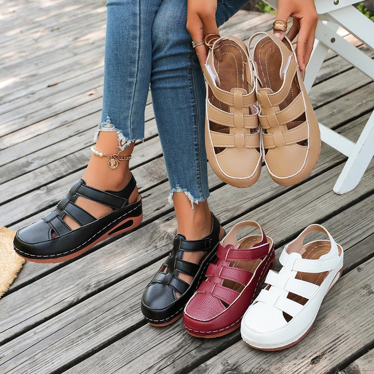 Women Platform Hollow Roman Sandals, Round Toe Wedge Heel Breathable Comfort Casual Shoes