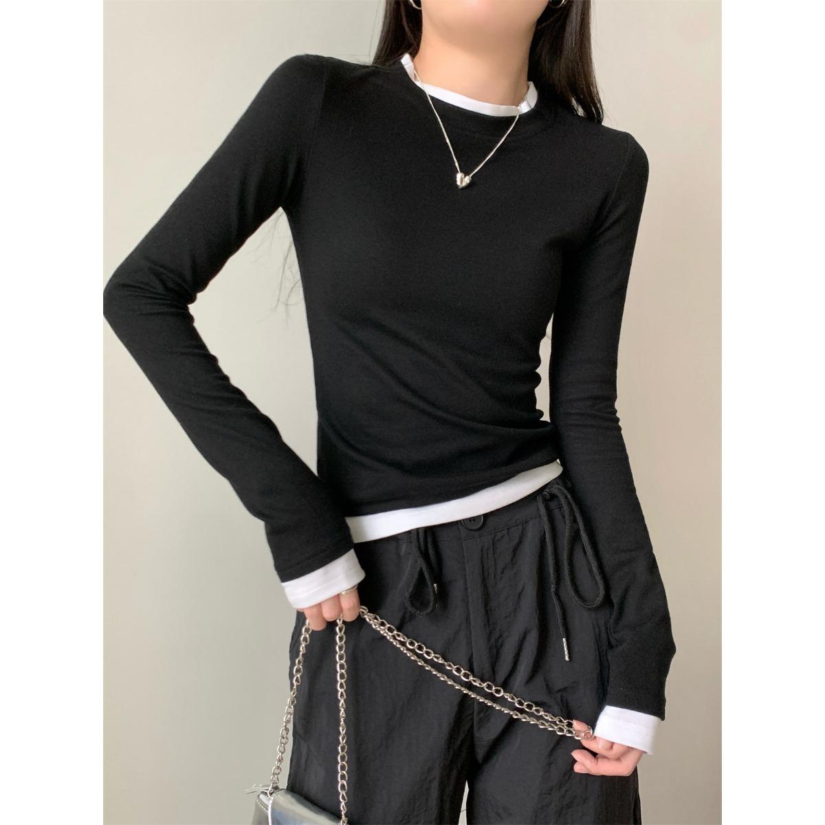 Design Sense Tricouri cu mânecă lungă slim fit două piese false pentru femei, toamnă gât rotund pulover versatil