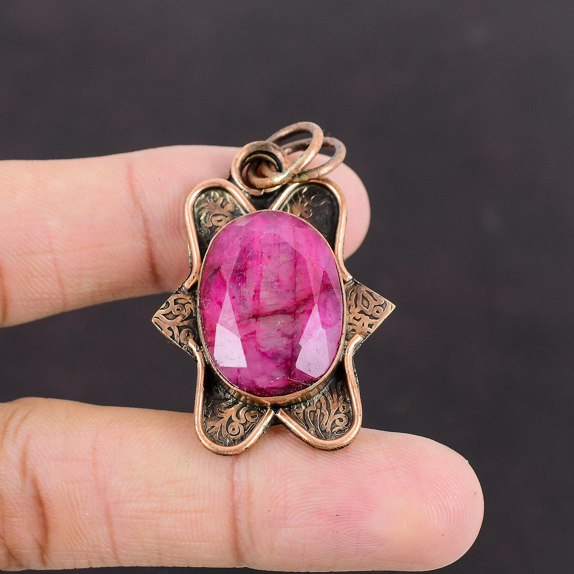 Faceted Kashmir Ruby Gemstone Pendant Copper Pendant Handmade Jewelry Modern Style Pendant Gift For Engagement Latest Design Copper Jewelry