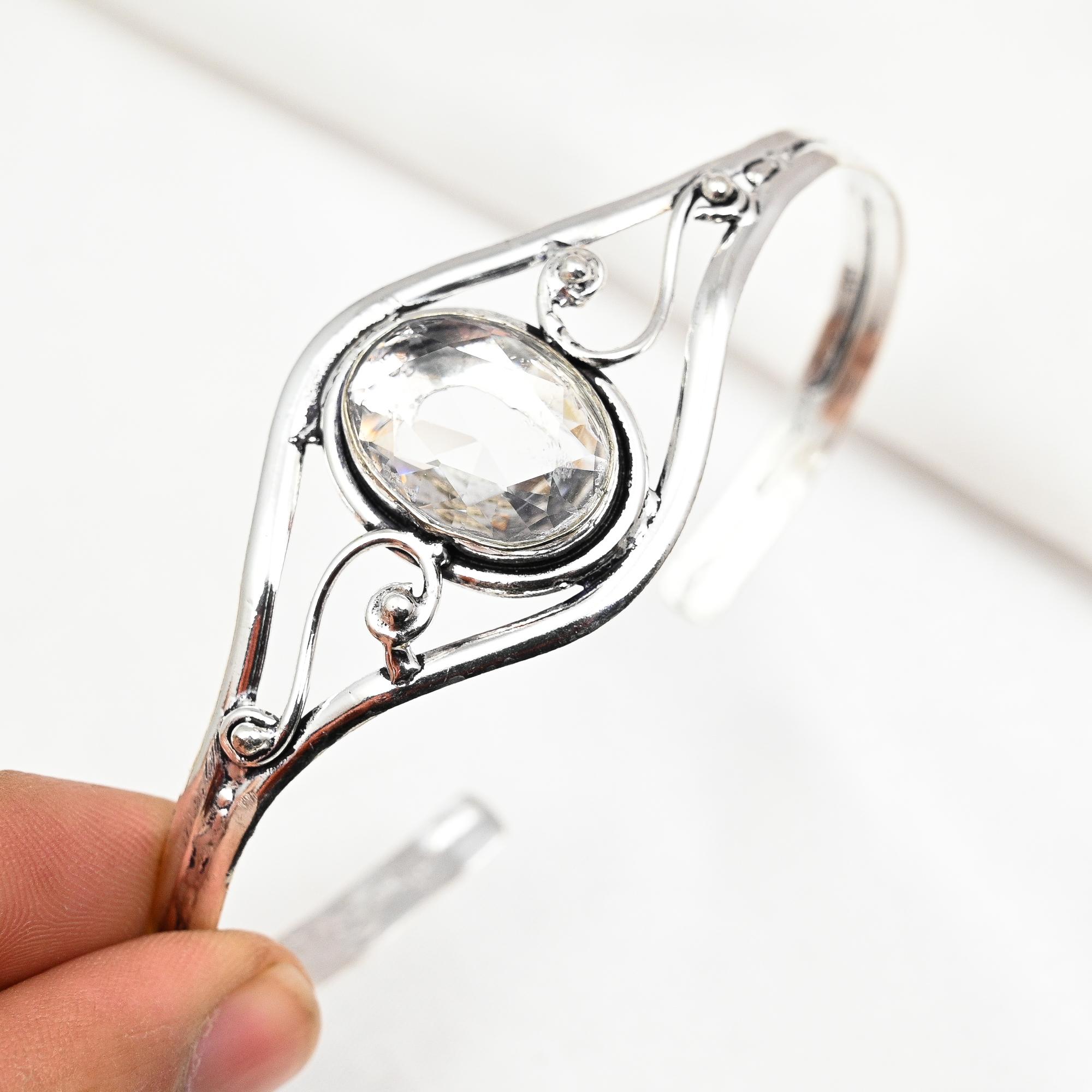 White Topaz Cuff Bracelet, Real Gemstone Bangle 925 Sterling Silver Cuff Bracelet, Handmade Jewelry Adjustable Bangle, For Gift Women Jewelry