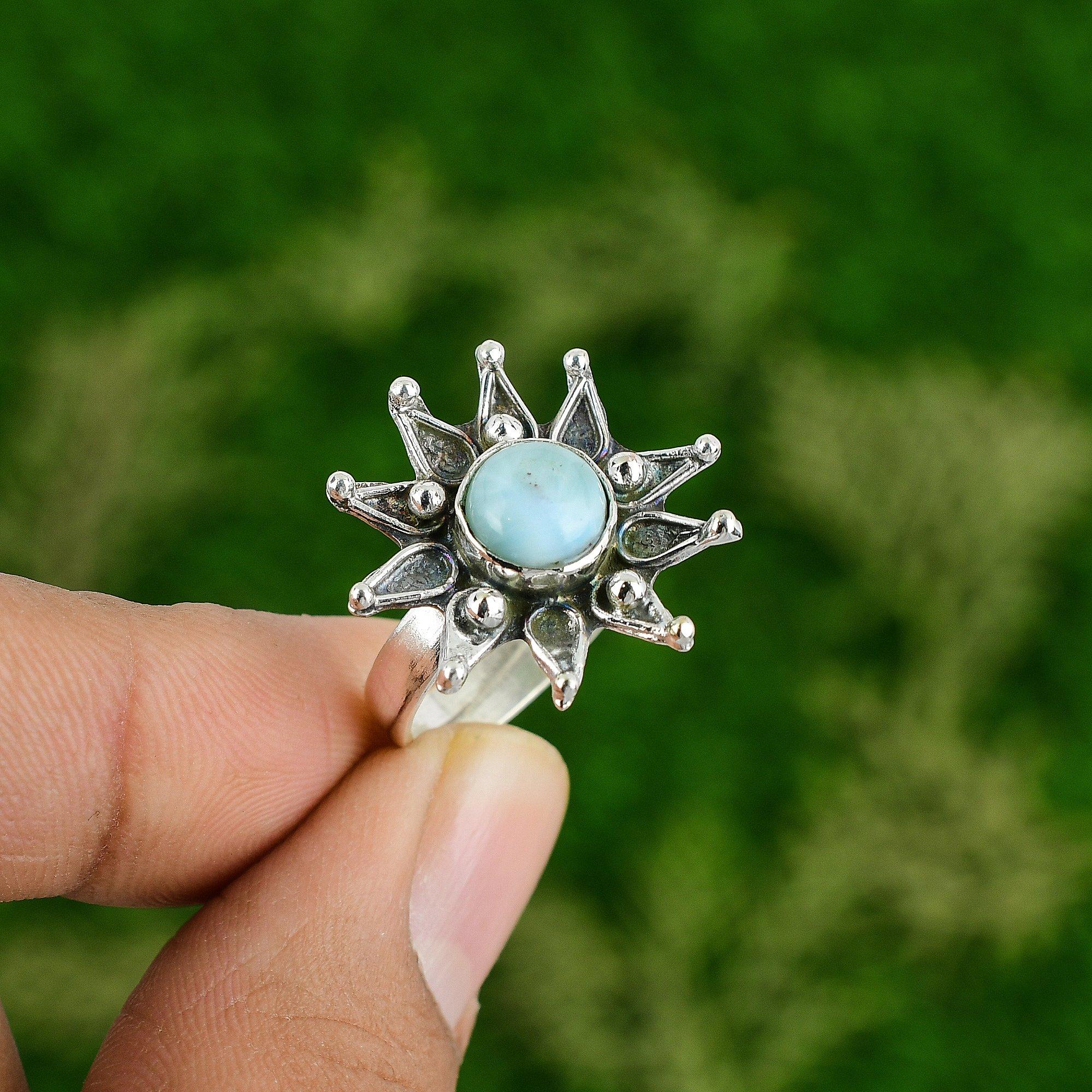Mothers day Sale 925 Silver Larimar Stone Flower Sister Engagement Promise Ring