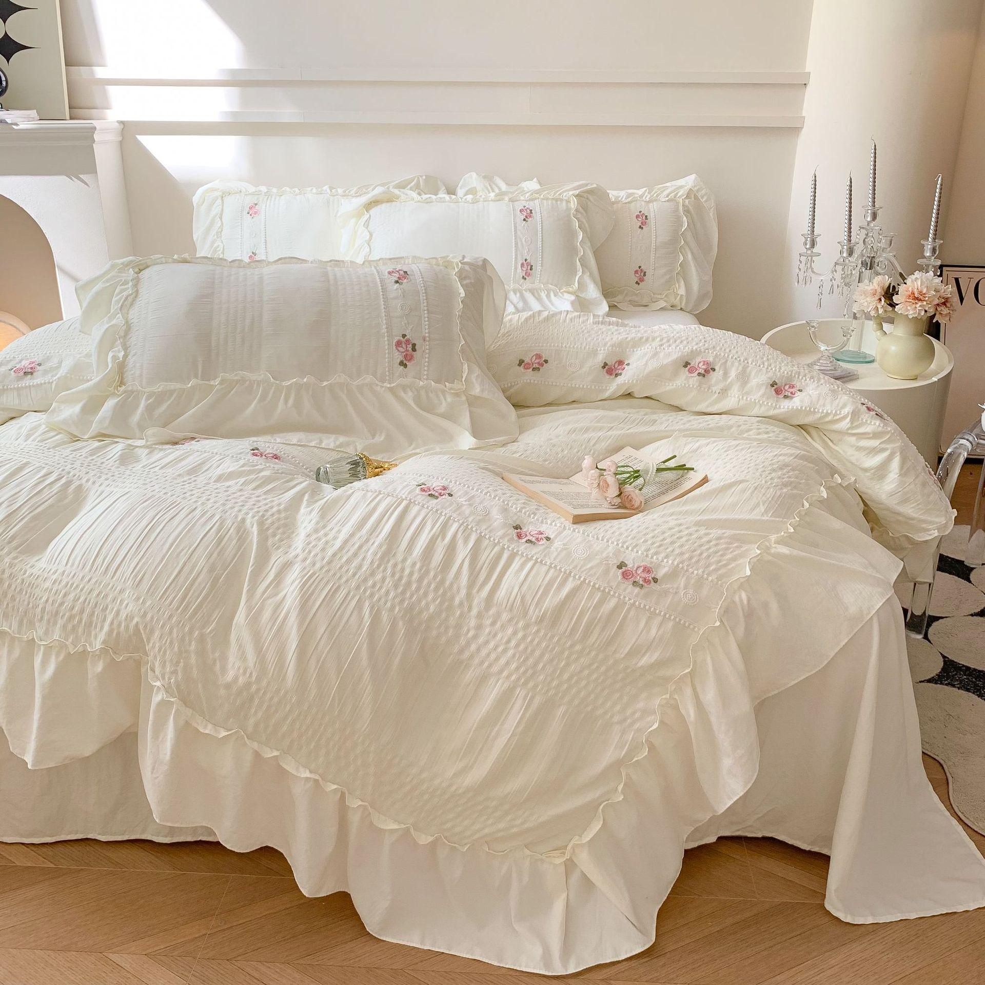 Princess Bubble Yarn Embroidery Washed Cotton 4-piece Cotton Bed Sheet Models Lace Quilt Cover 3-piece Set