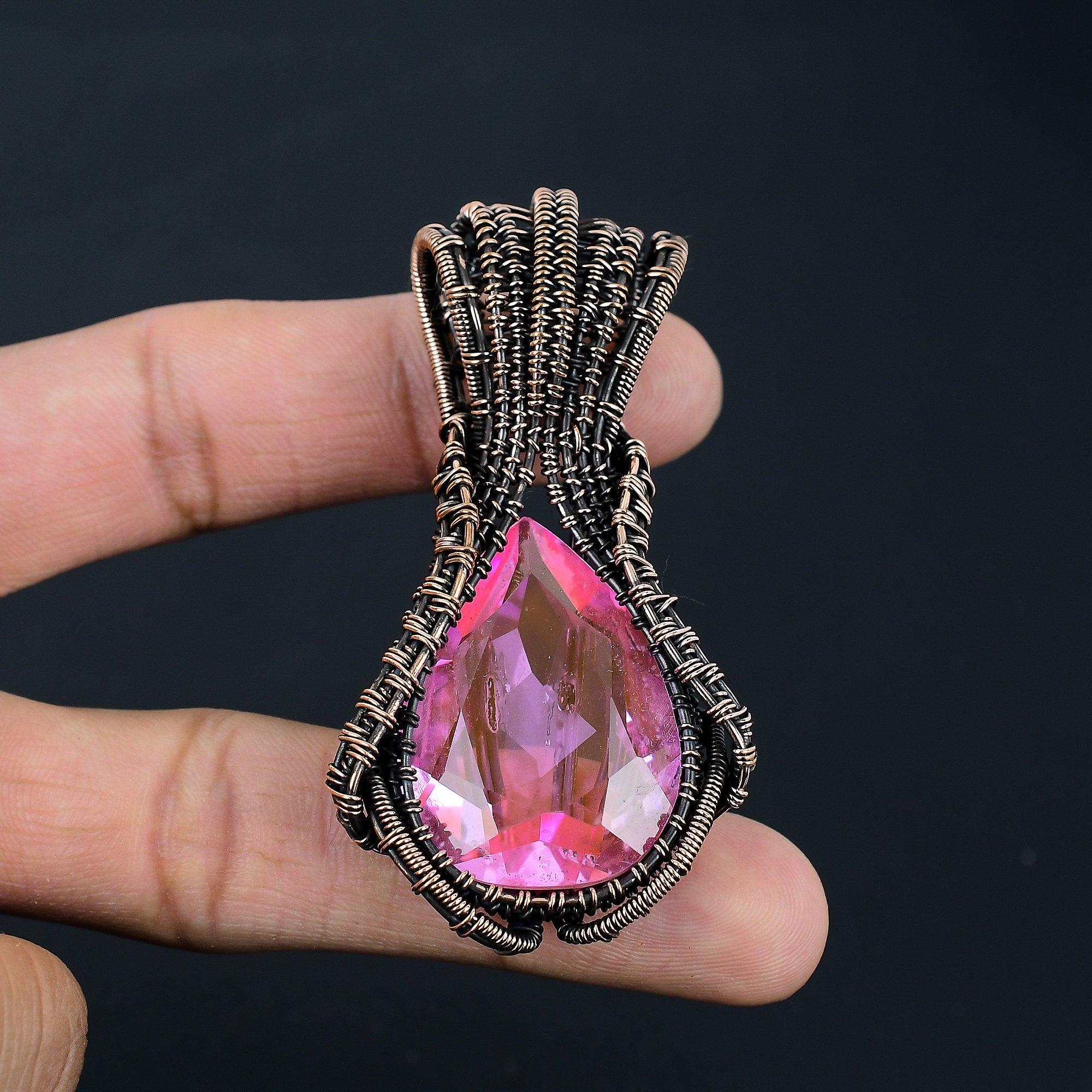 Dazzling Pink Kunzite Gemstone Handmade Copper Wire Wrap Jewelry Pendant