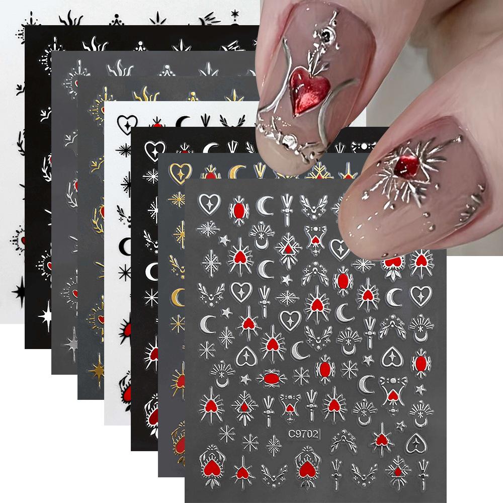 1pcs 3D Bronzing Gold Love Heart Nail Art Stickers Y2K Holographic Stars Sun Sliders Starlight DIY Decals Manicure Decoration