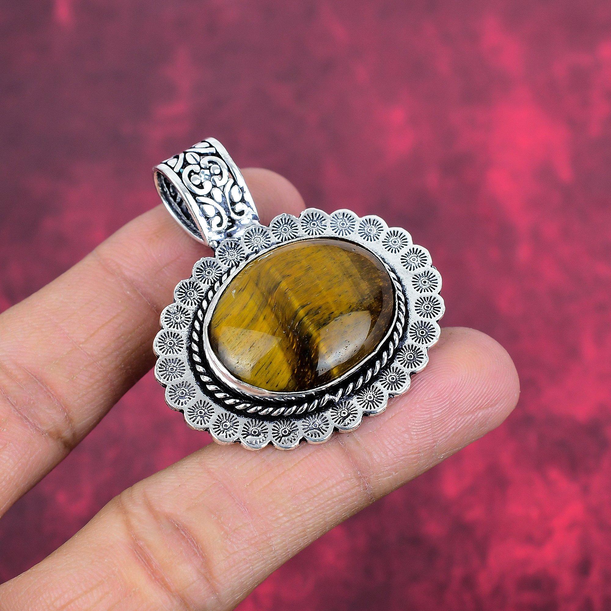 Tiger's Eye 925 Solid Sterling Silver Pendant, Handmade Gemstone Pendant , Gift For Mom Antique Jewelry