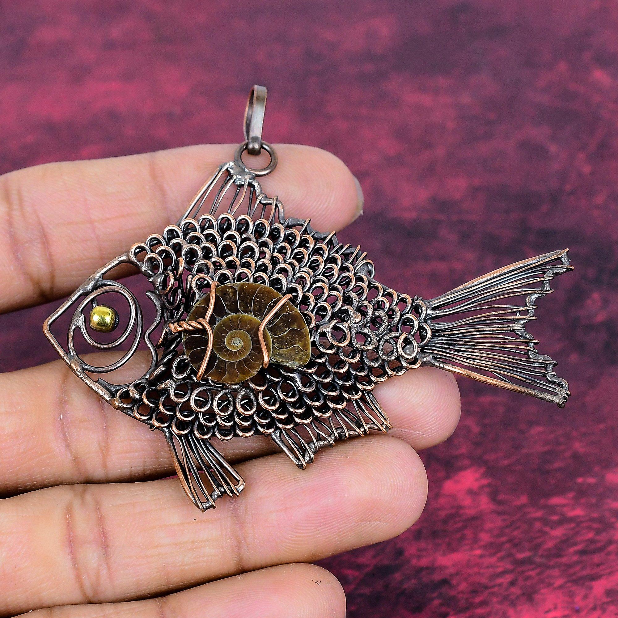 Red Fire Labradorite Pendant Copper Wire Wrapped Jewelry Fish Gemstone Pendant