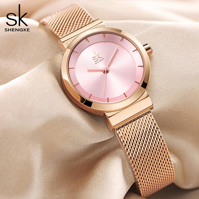 SHENGKE Luxury Brand Dress Golden Watch Ladies Elegant Diamond Quartz Wrist Watches For Women Steel Mesh Clock