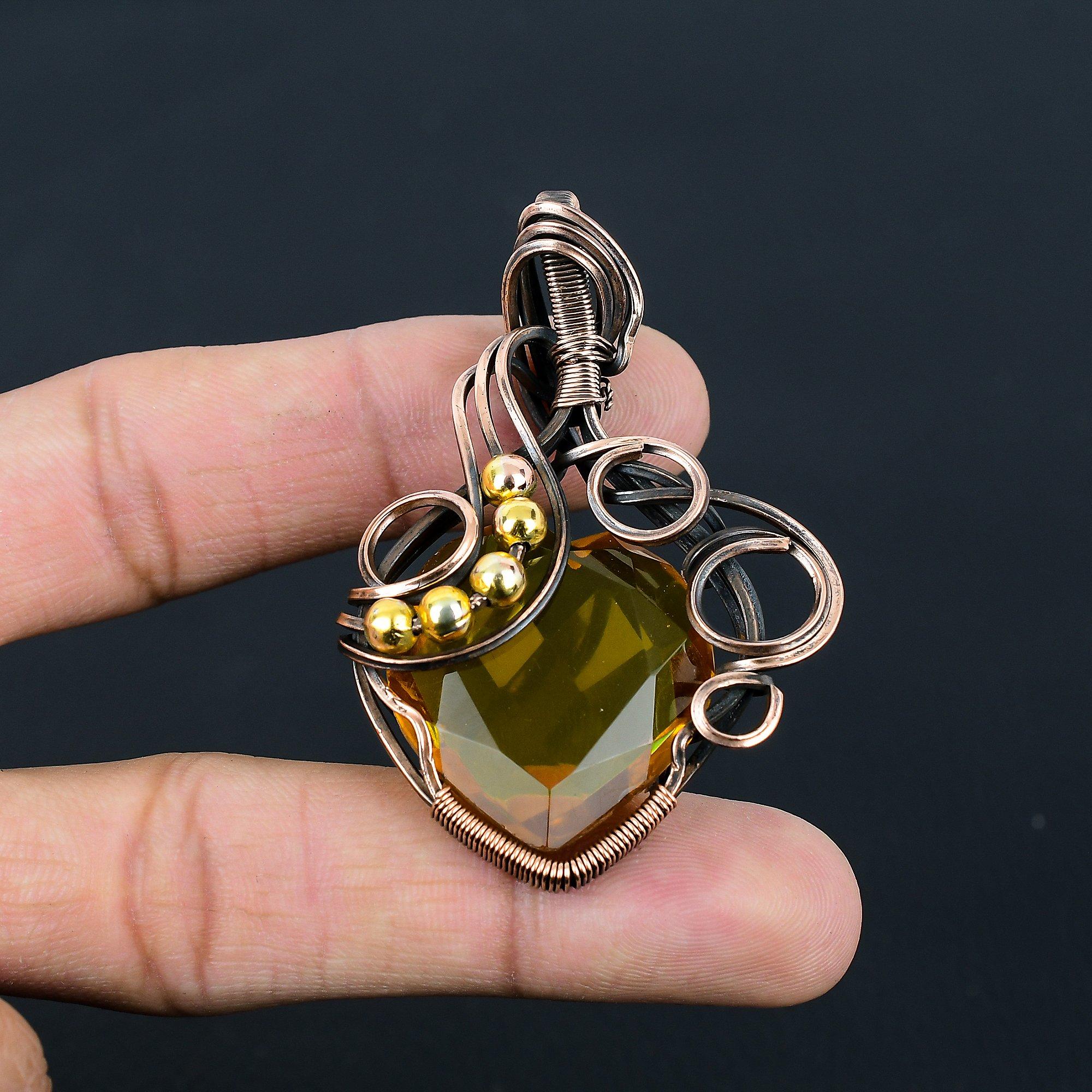 Citrine Gemstone Handmade Pure Copper Wire Wrapped Pendant Jewelry For Memorial Day