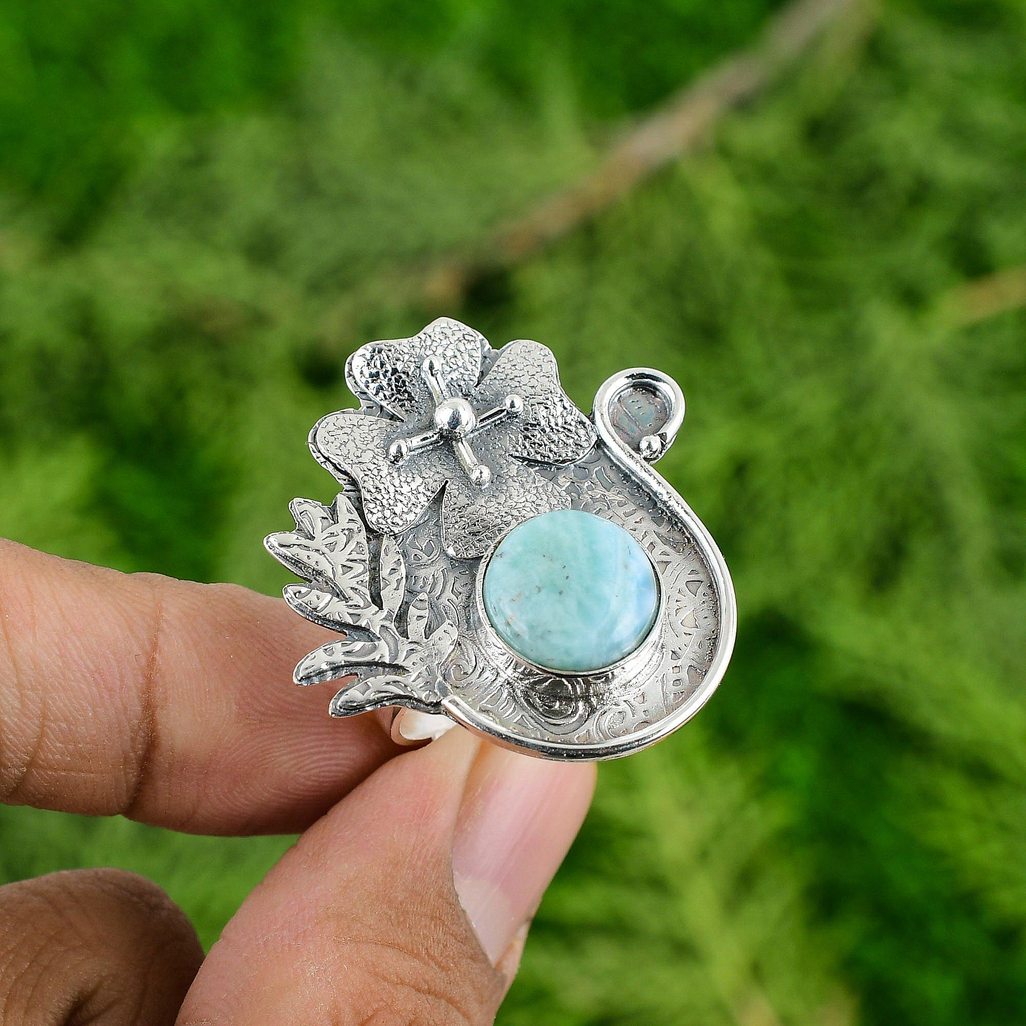 Natural Larimar Gemstone Statement Flower Adjustable Ring 925 Silver For Women