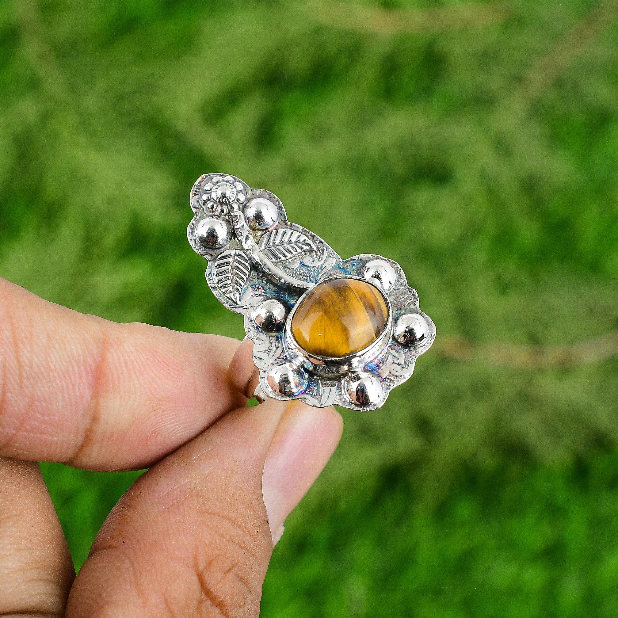 Oval Sacral Chakra Tiger's Eye Gemstone Flower Bezel Ring 925 Sterling Silver