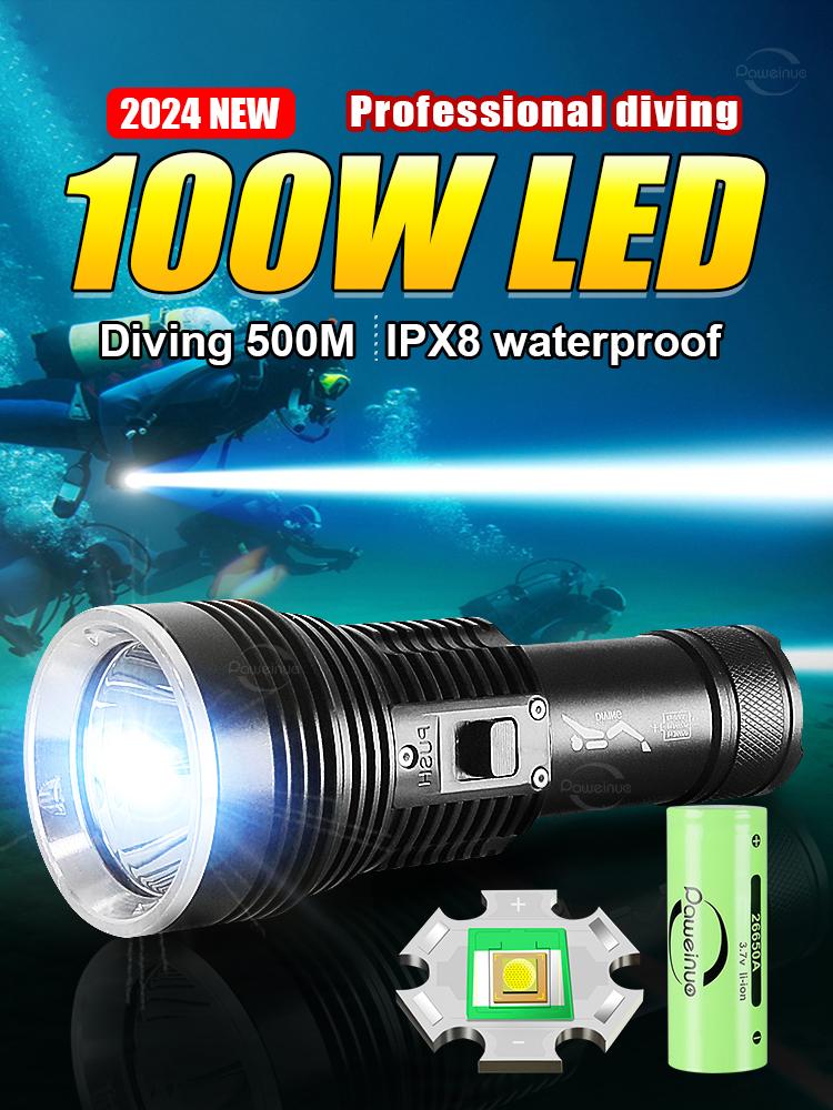 100W Professional Diving Flashlight 500m Underwater Scuba Diving Torch IPX8 Waterproof Dive Light 26650 Battery