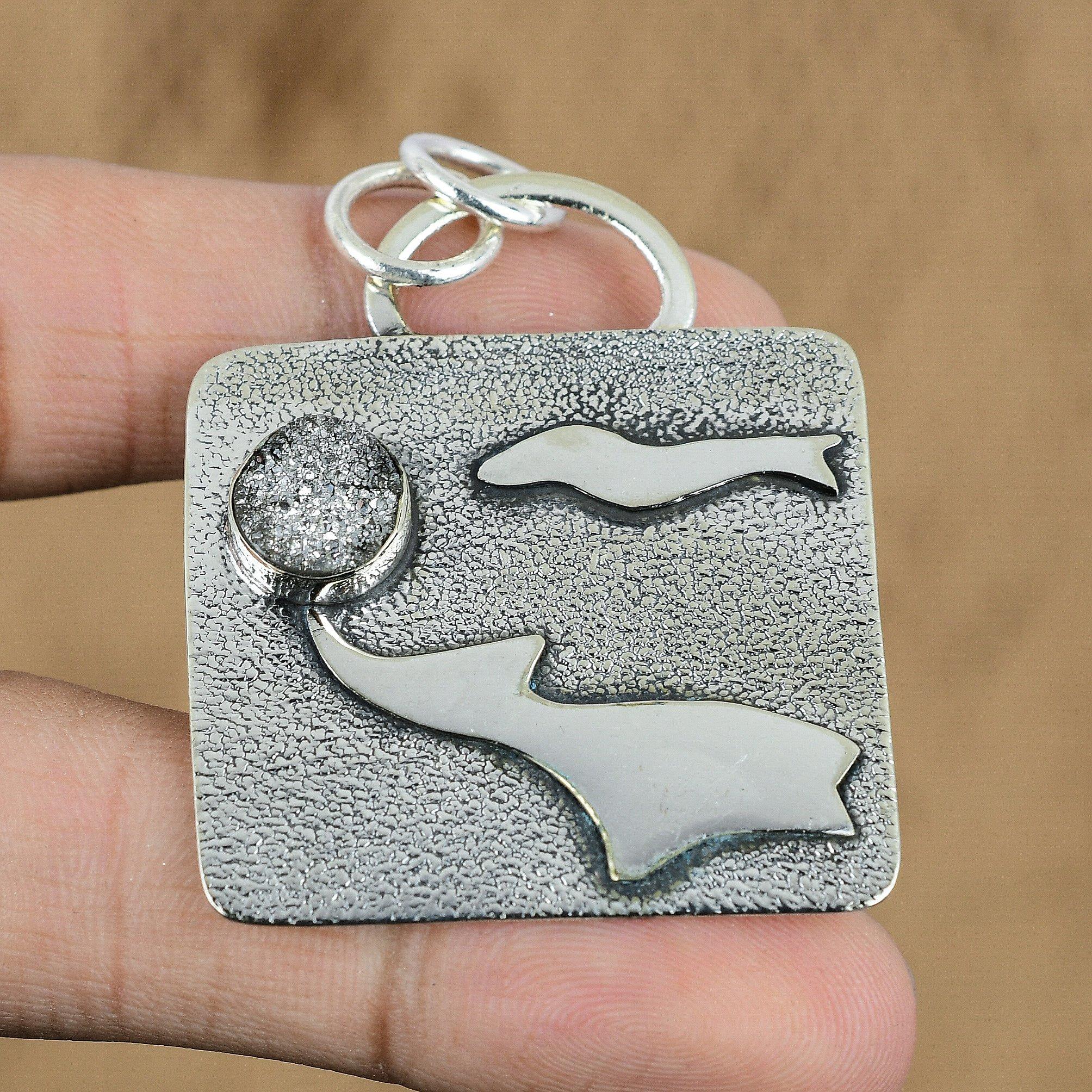 Natural Silver Druzy Gemstone Pendant Gray 925 Sterling Silver Indian Jewelry