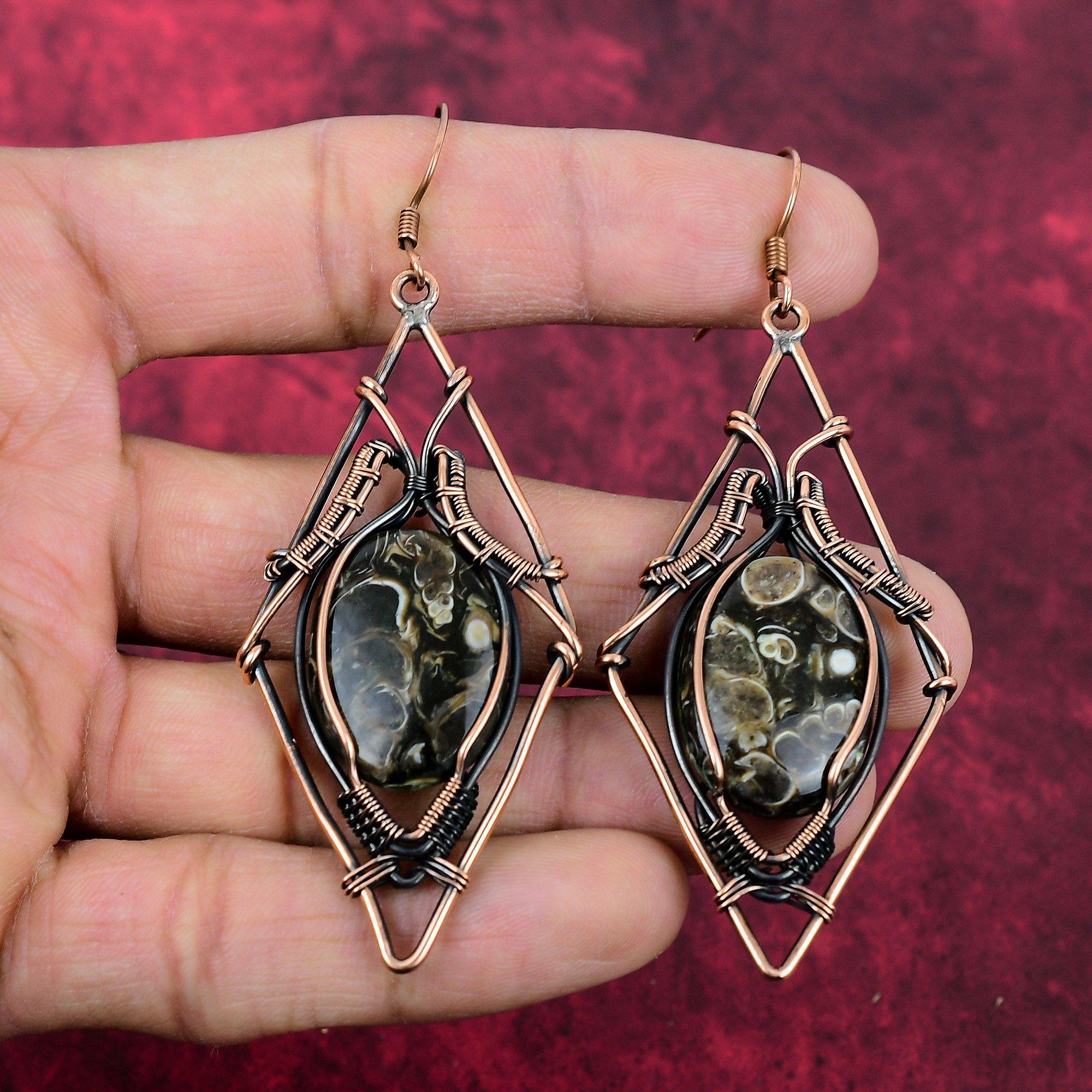 Turritella Agate Earring Copper Wire Wrapped Gemstone Jewelry Handmade Earring Copper Wire Wrapping Earring Gifts For Mom Designer Jewelry
