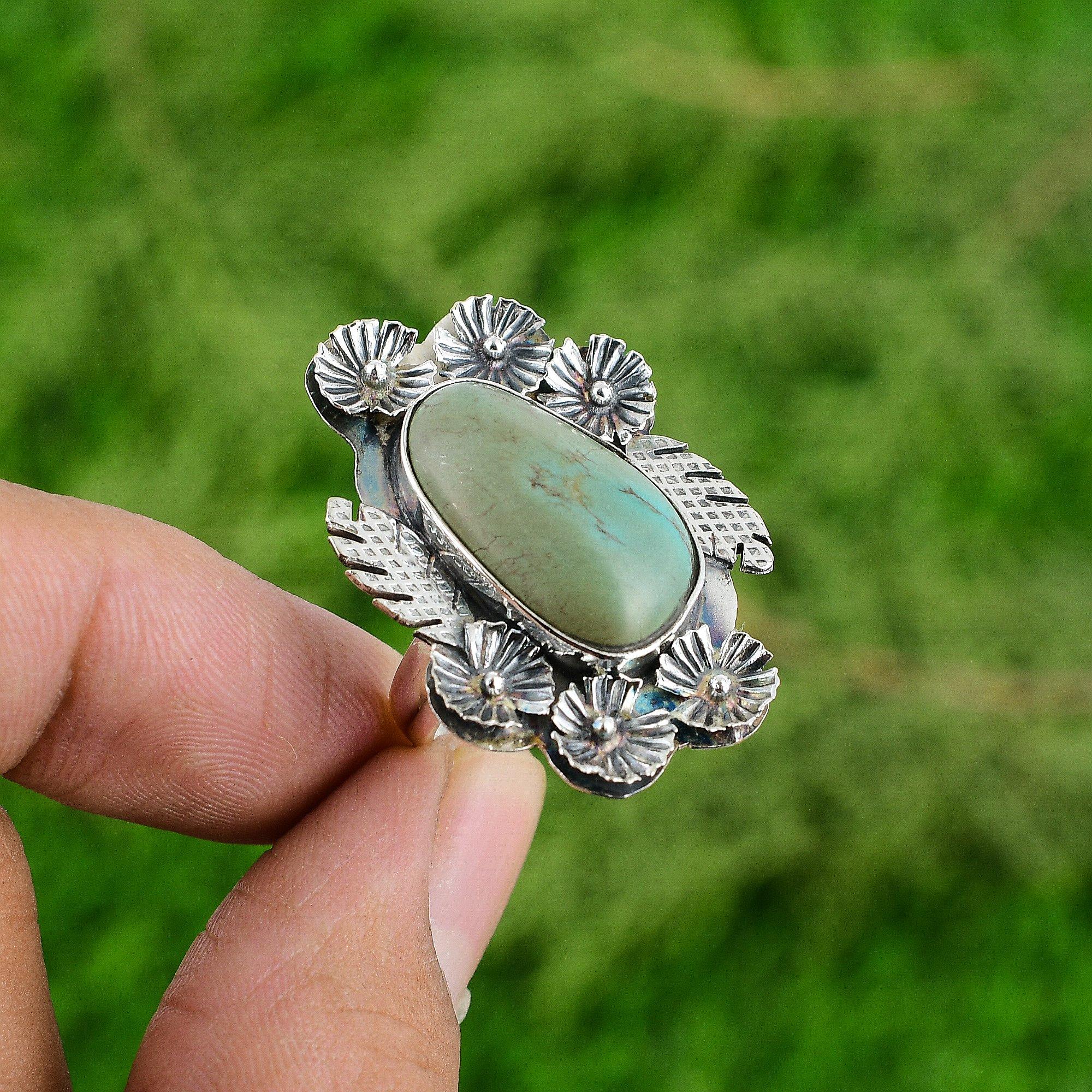 Natural Tibetan Turquoise Gemstone Stackable Flower Adjustable Ring 925 Silver