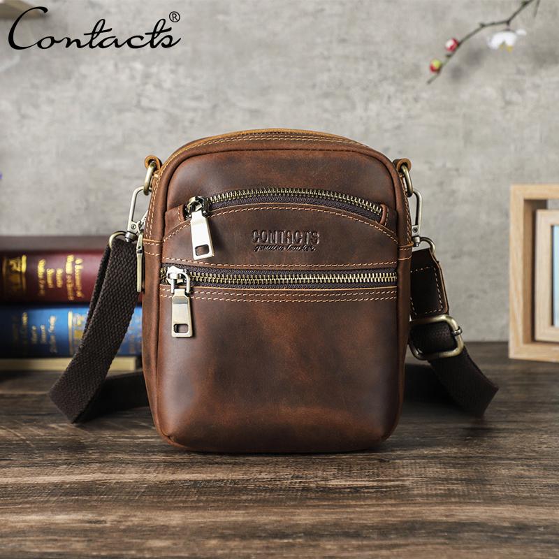 CONTACT'S Genuine Leather Belt Waist Bag Small Money Phone Waist Pack Crazy Horse Leather Mini Messenger Bag