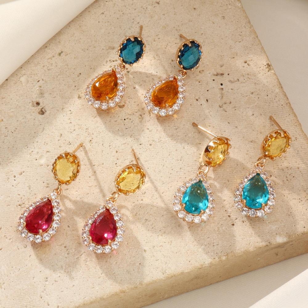 1 Pair Luxurious Colored Cubic Zirconia Drop Shape Dangle Earrings for Women Stud Earring Jewelry Wedding Party Accessories