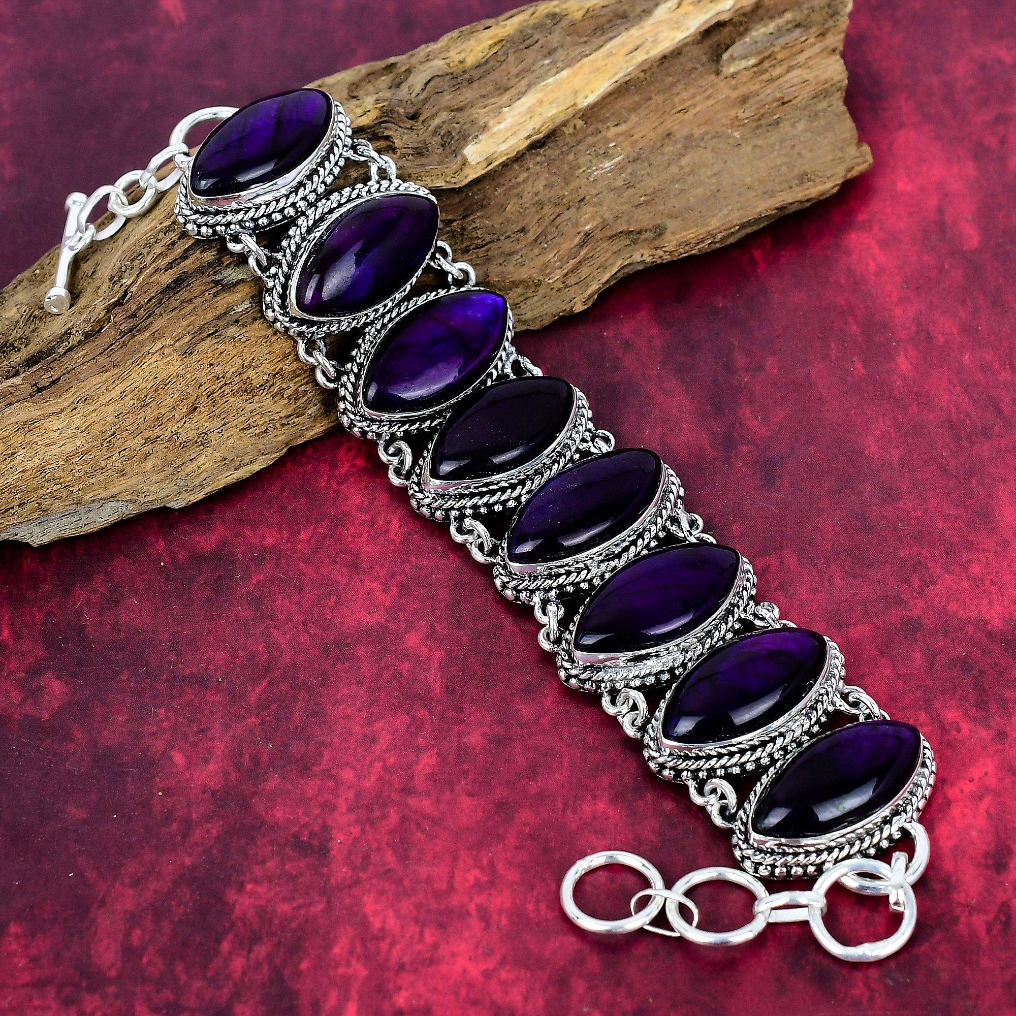 Purple Flash Labradorite 925 Solid Sterling Silver Bracelet, With Adjustable Chain, Handmade Gemstone Bracelet & Necklace Jewelry Set For Memorial Day