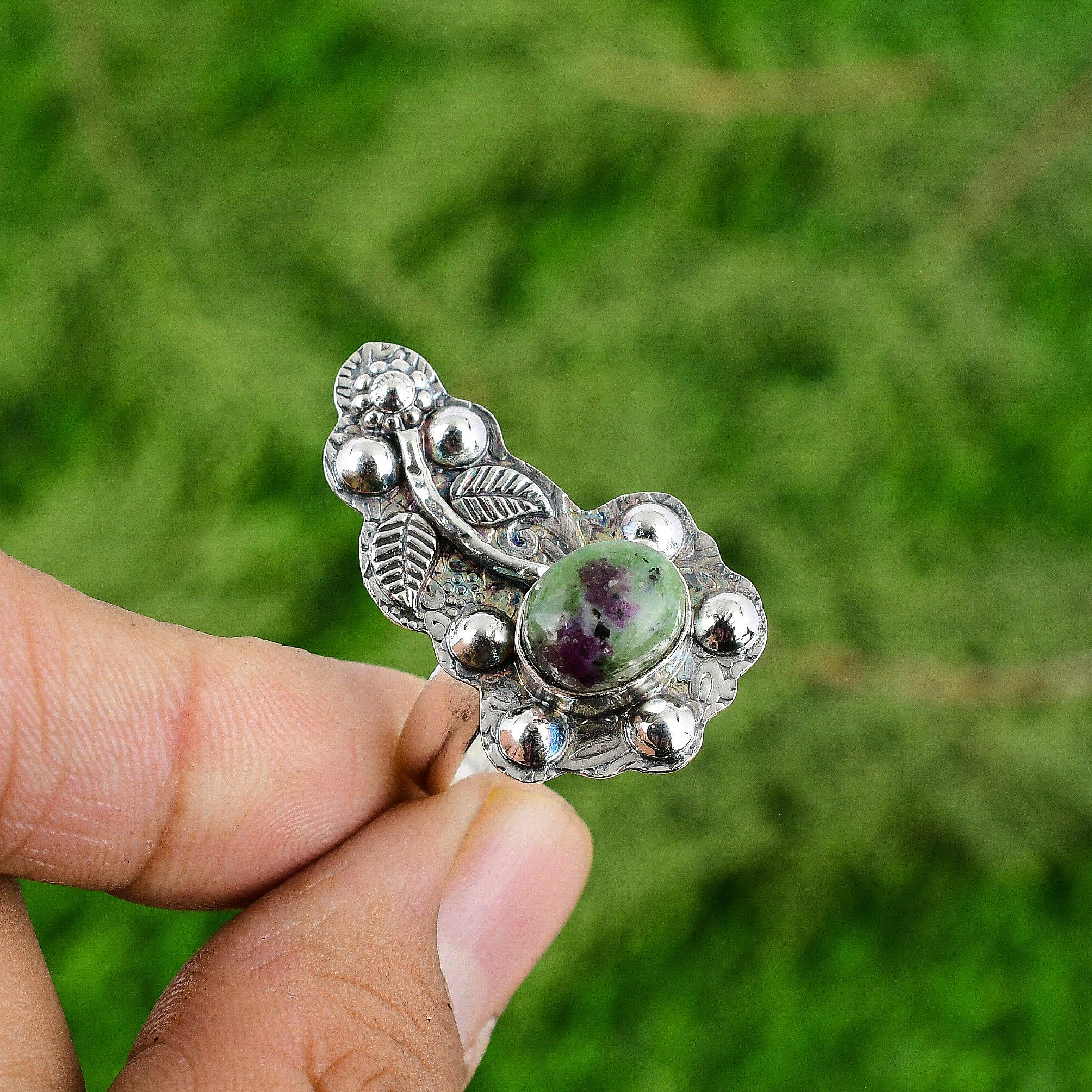 Sterling Silver Oval Natural Ruby Zoisite Mother Multi Stone Promise Flower Ring