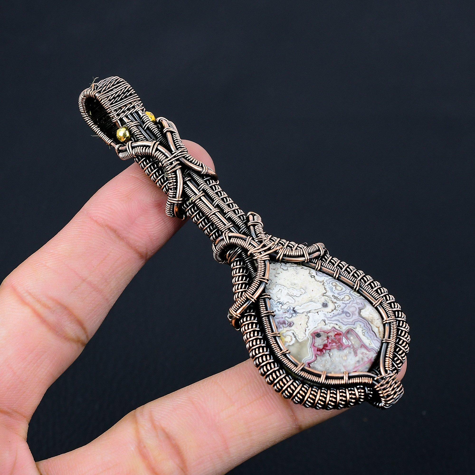 Crazy Lace Agate Gemstone Pure Copper Wire Wrapped Handmade Pendant Jewelry