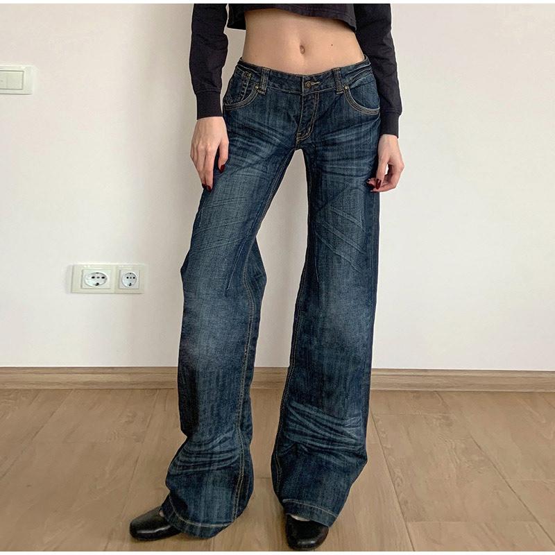 Patchwork Pockets Jeans Korean Fashion Low Rise Casual Straight Denim Pants Distressed Y2k Trousers for Women Basic Solid Color Jean