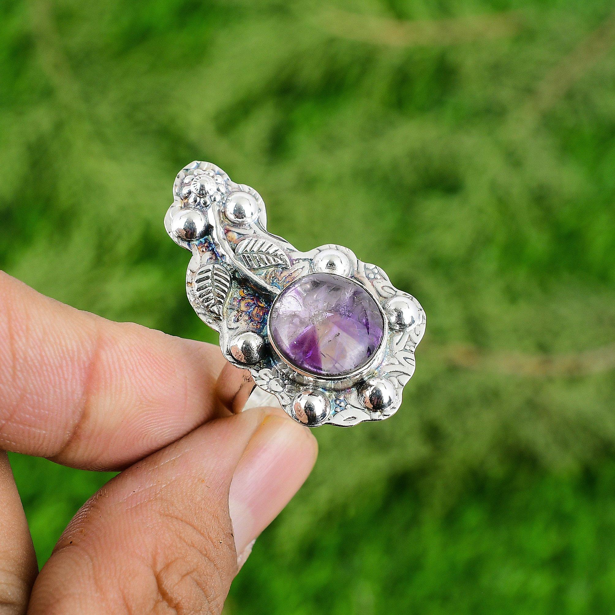 Natural Star Amethyst 925 Silver Promise Flower Adjustable Ring For Women