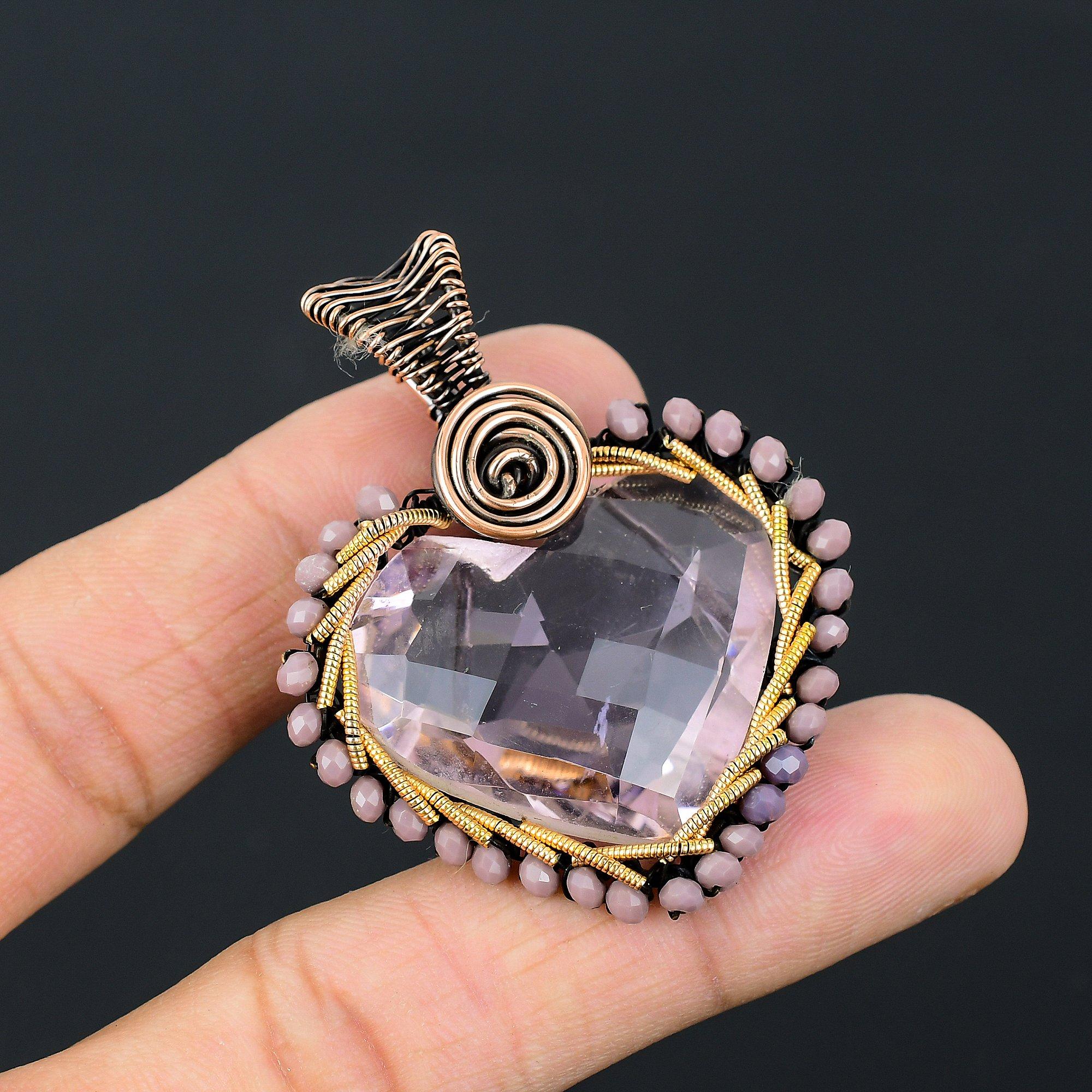 Heart Shape Pink Kunzite Gemstone Handmade Copper Wire Wrap Jewelry Pendant For Love