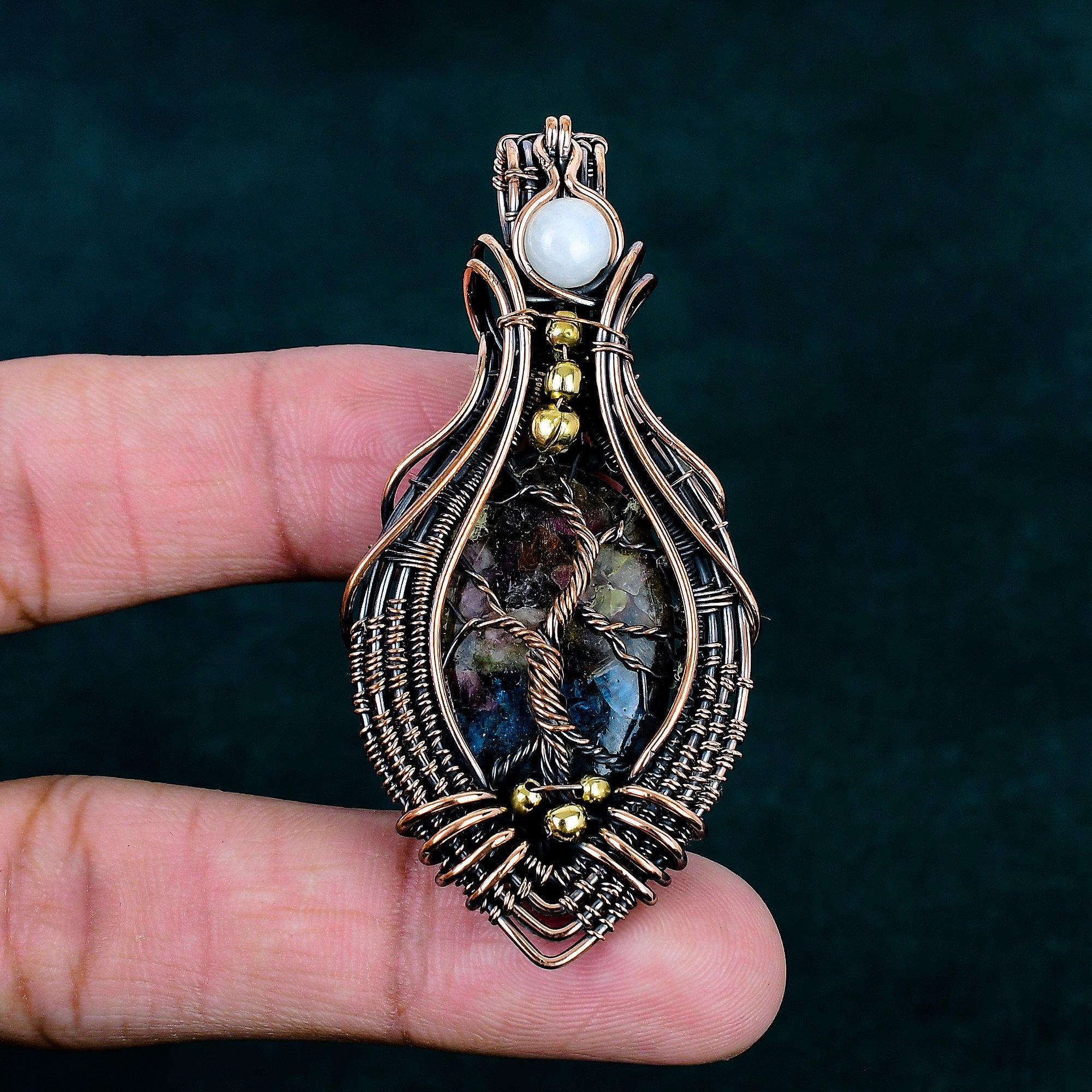 Copper watermelon tourmaline pendant copper wire wrapped jewelry handmade rainbow moonstone pendant tree of life natural gemstone jewelry