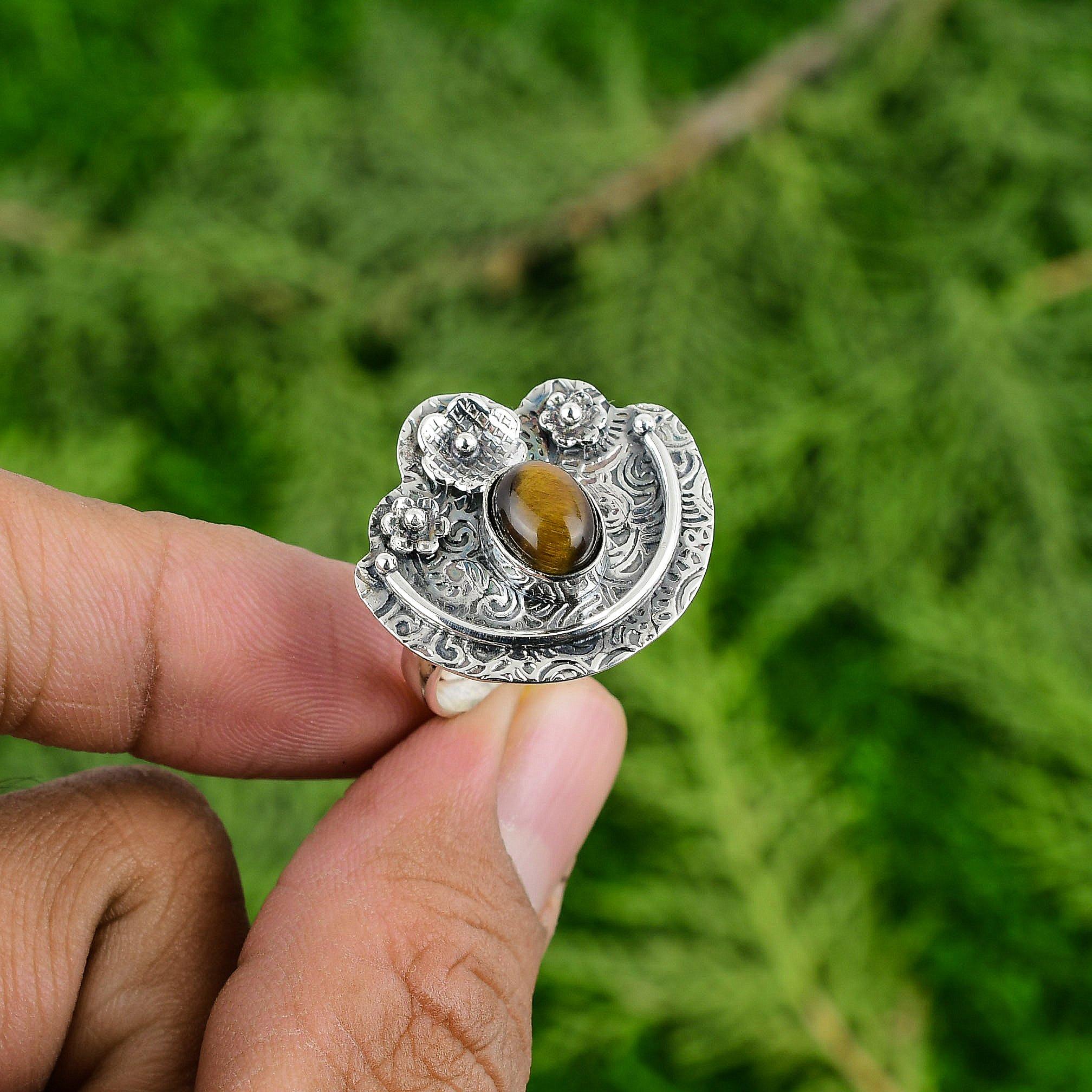 Easter Sale Sterling Silver Tigers Eye Stone Wife Solitaire Promise Flower Ring