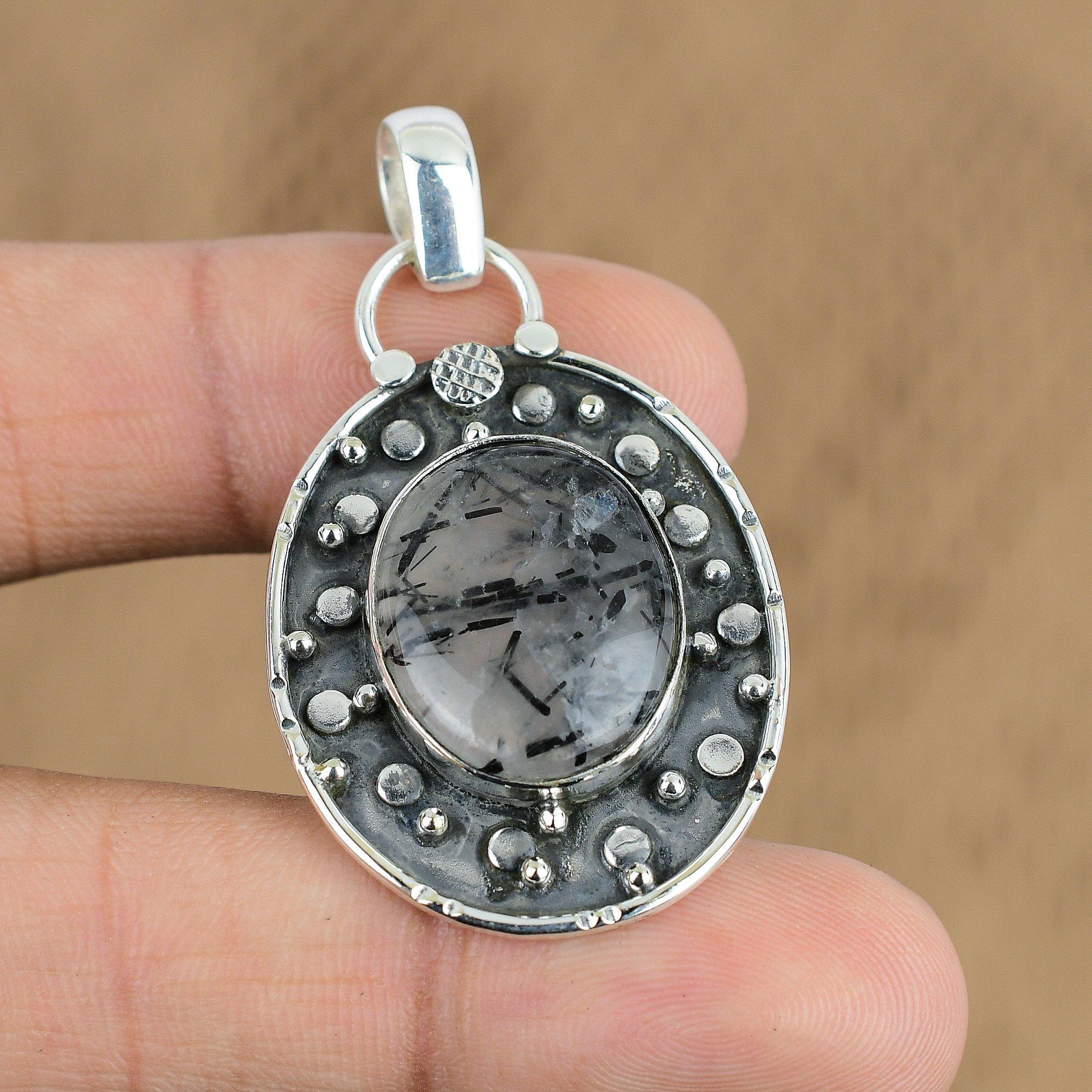 Anniversary Gift For Her Natural Black Rutile Gemstone Pendant 925 Silver