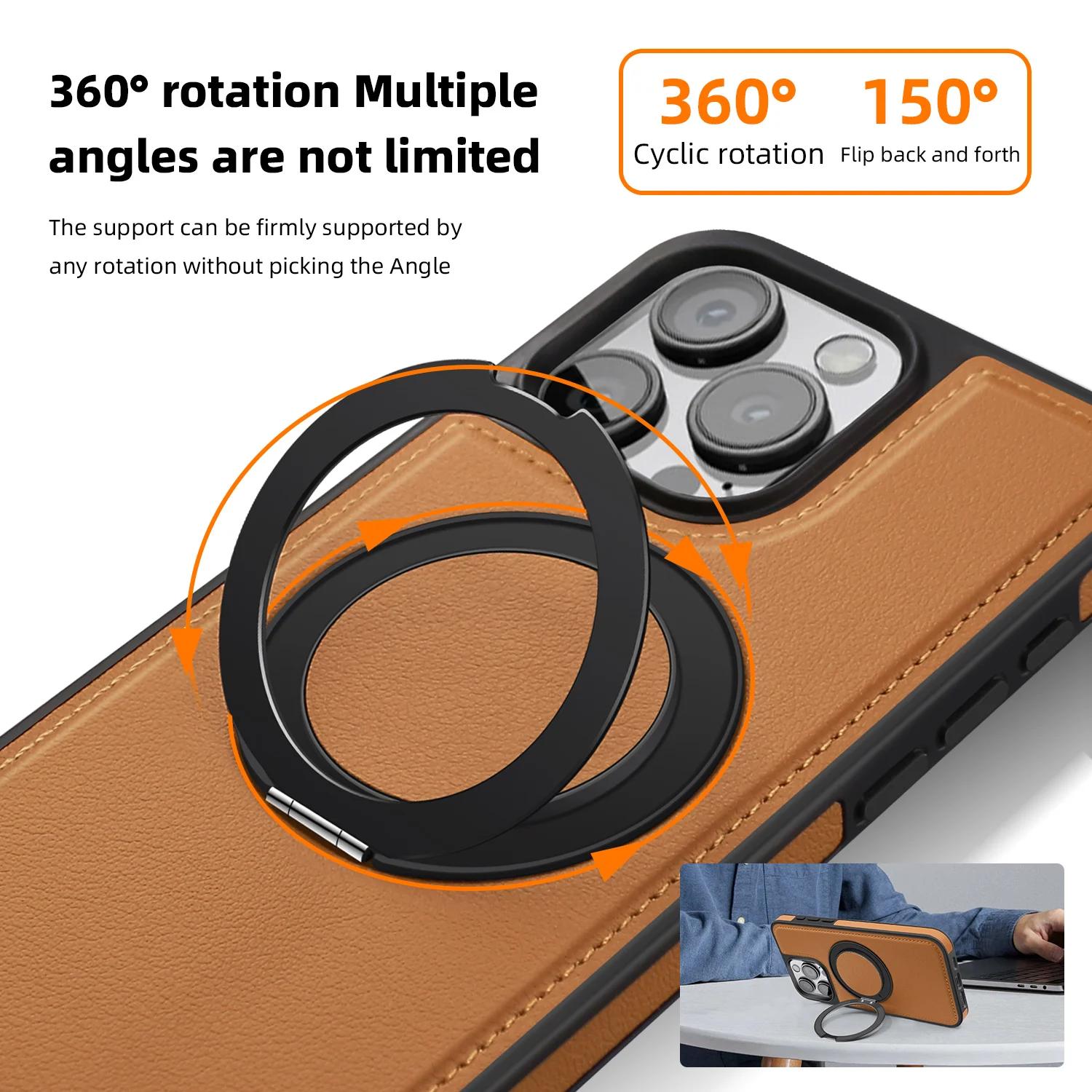 Leather 360 ° Ring Magnetic Holder Phone Case For iPhone 17Air 16 Plus 14 15 13 12 11 Pro Max For Magsafe Wireless Charging Phone Cover
