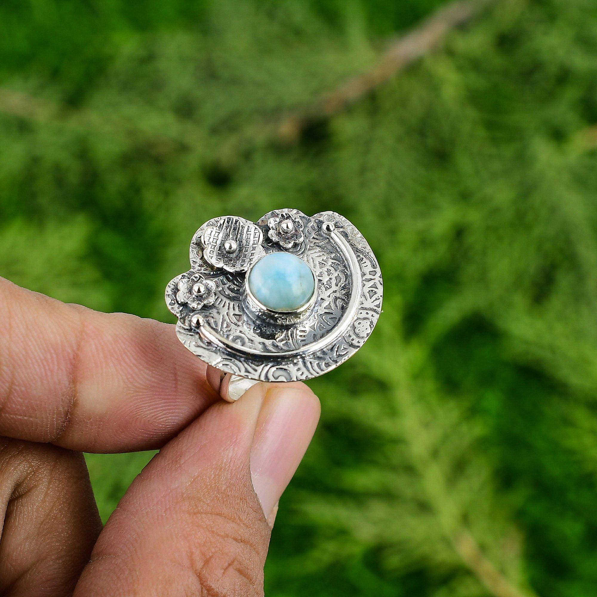 Natural Larimar Gemstone Statement Flower Adjustable Ring 925 Silver For Women