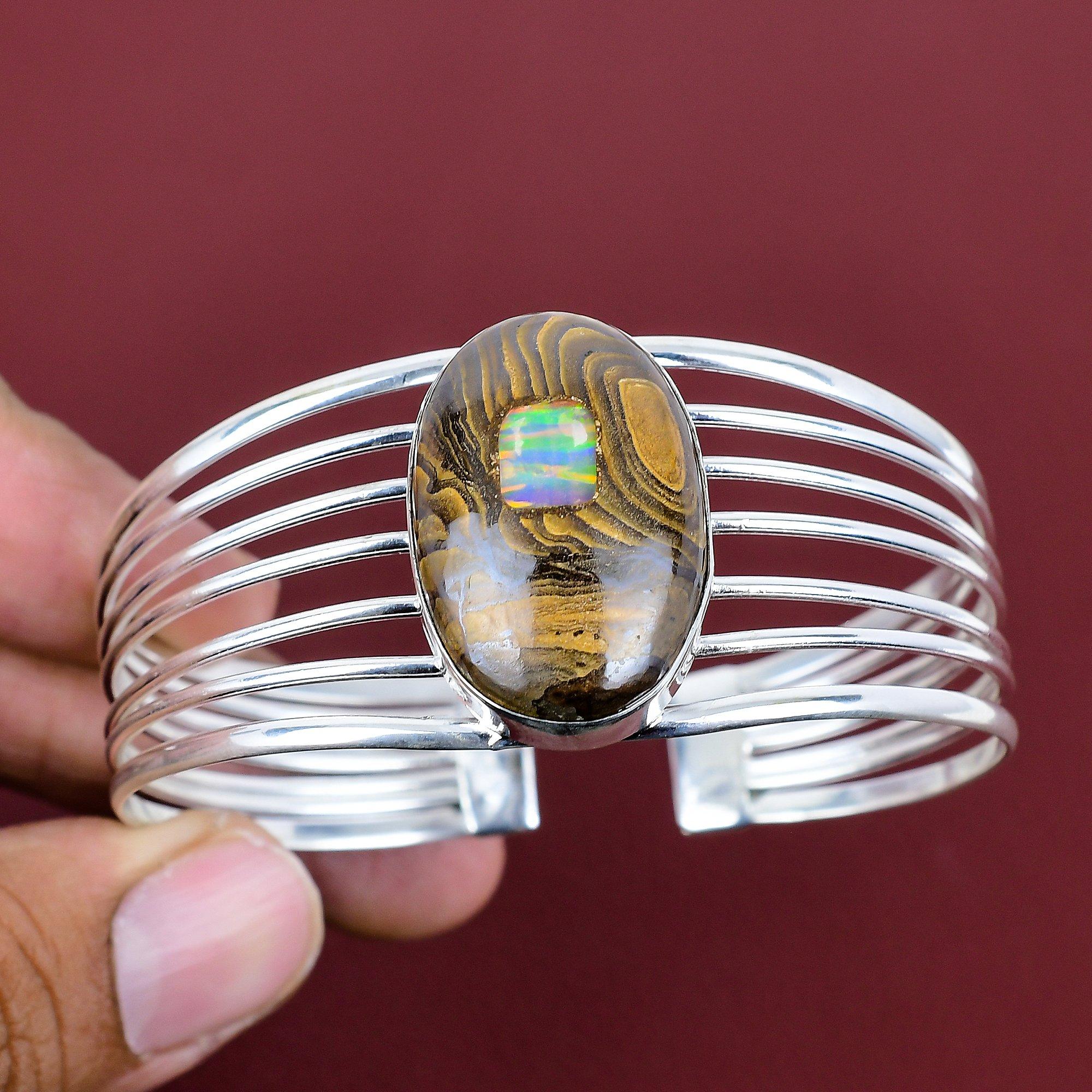 Ethopian Opal In Boulder Opal Bangle 925 Sterling Silver Cuff Bracelet Adjustable Bangle Gemstone Jewelry for Gifts Handmade Designer Bangle