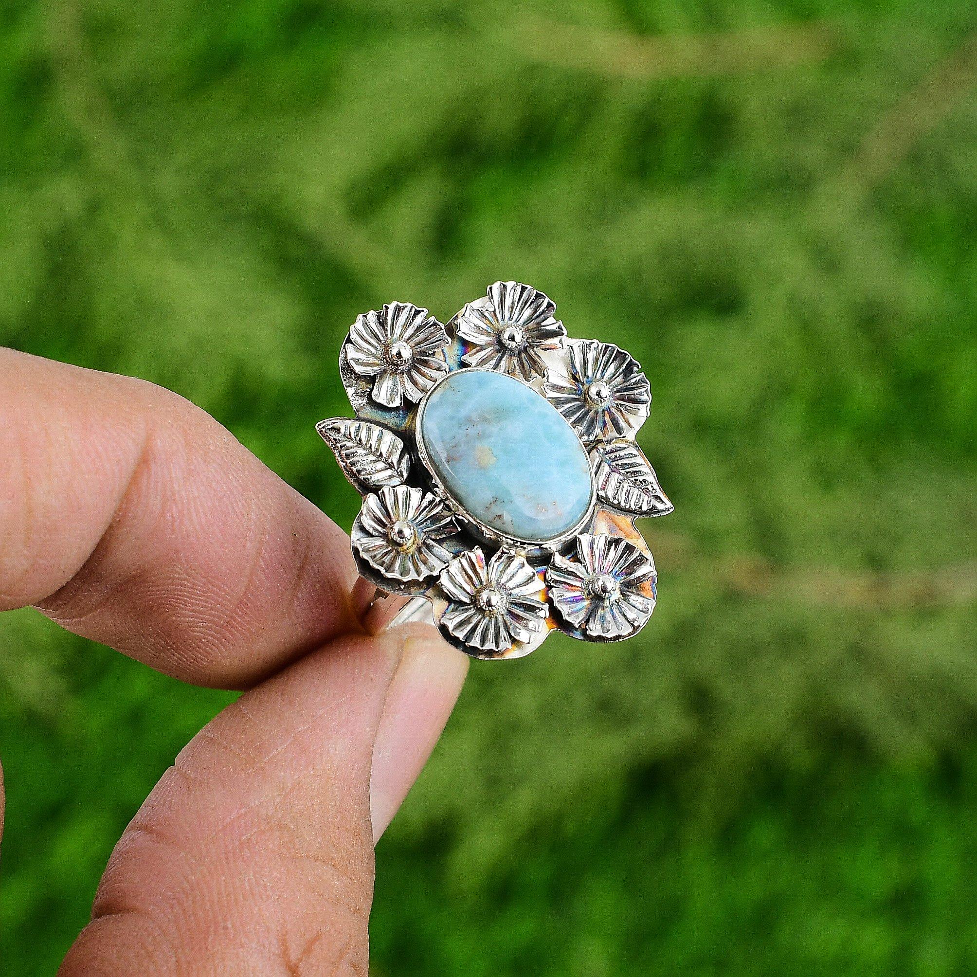 Gift For Her Natural Larimar Stackable Flower Adjustable Ring 925 Silver