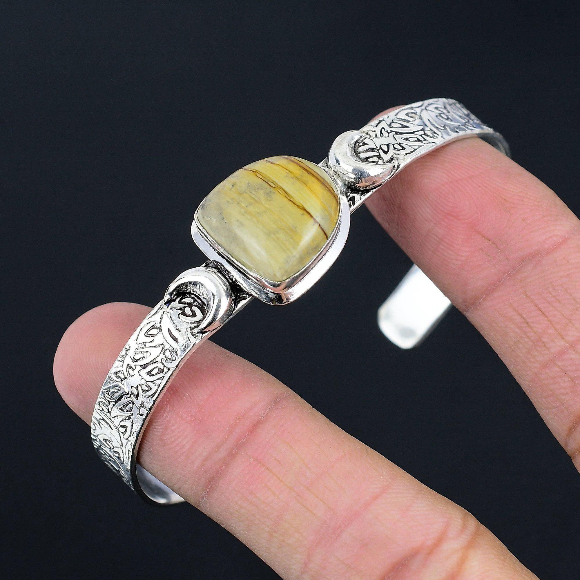 Natural Landscape Jasper Trendy Crescent Moon Elegant Bangle 925 Sterling Silver