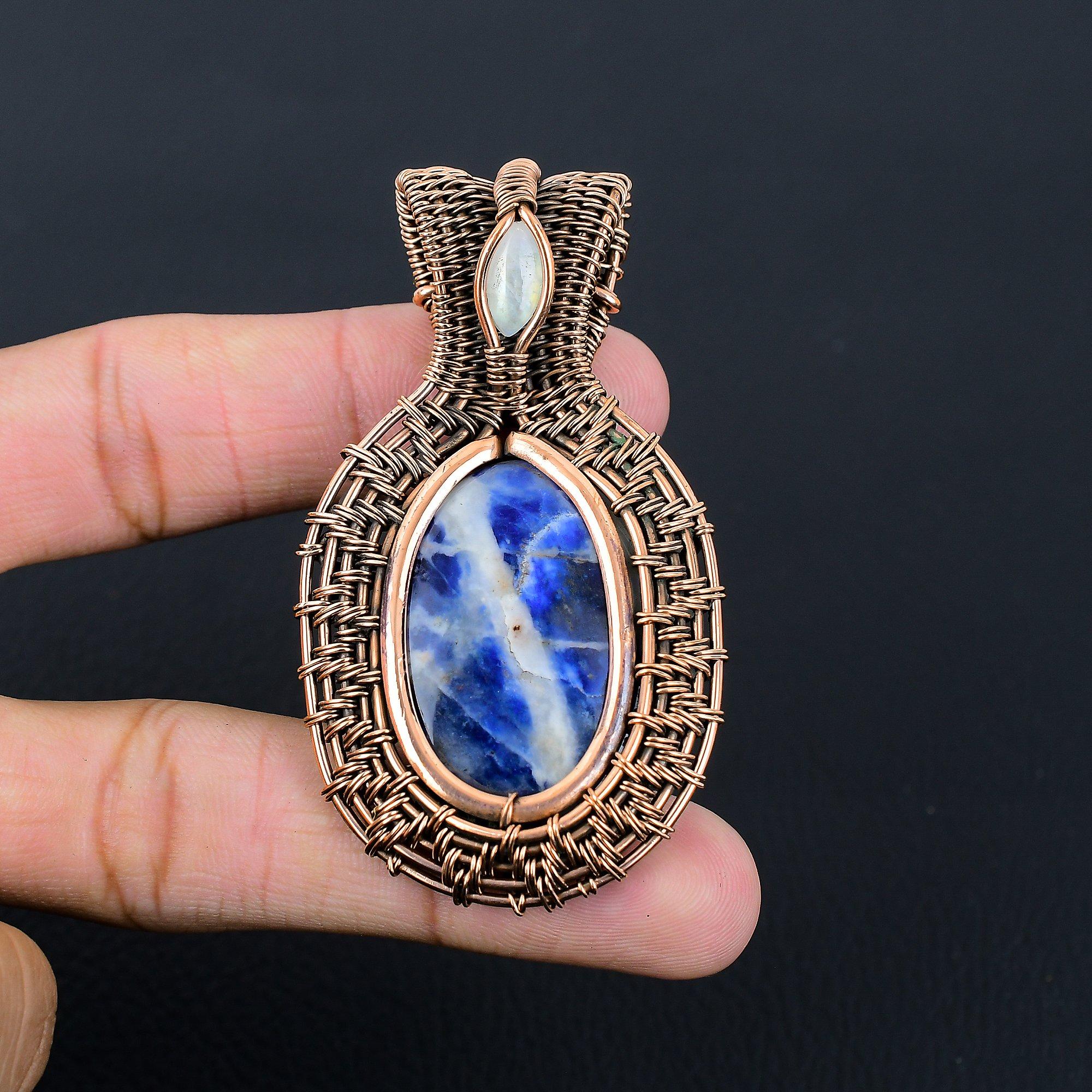 Wonderful Sodalite & Moonstone Gemstone Handmade Pure Copper Wire Wrap Jewelry Pendant