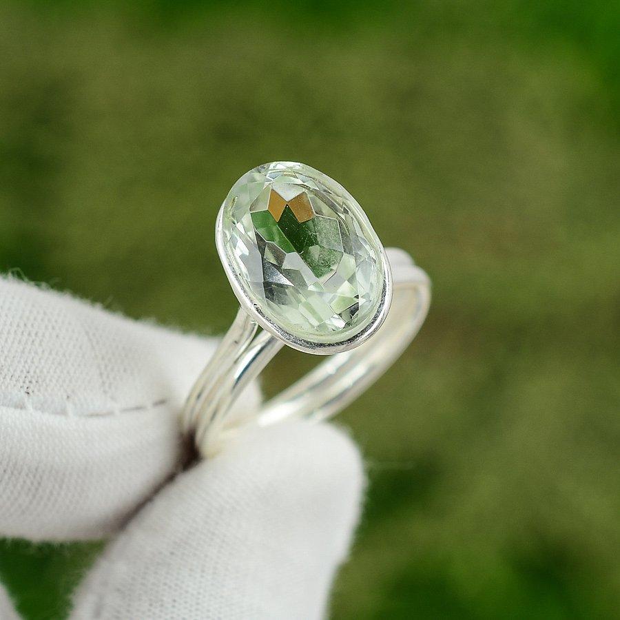 Oval Green Amethyst Gemstone 925 Sterling Silver Trendy Stackable Ring Jewelry