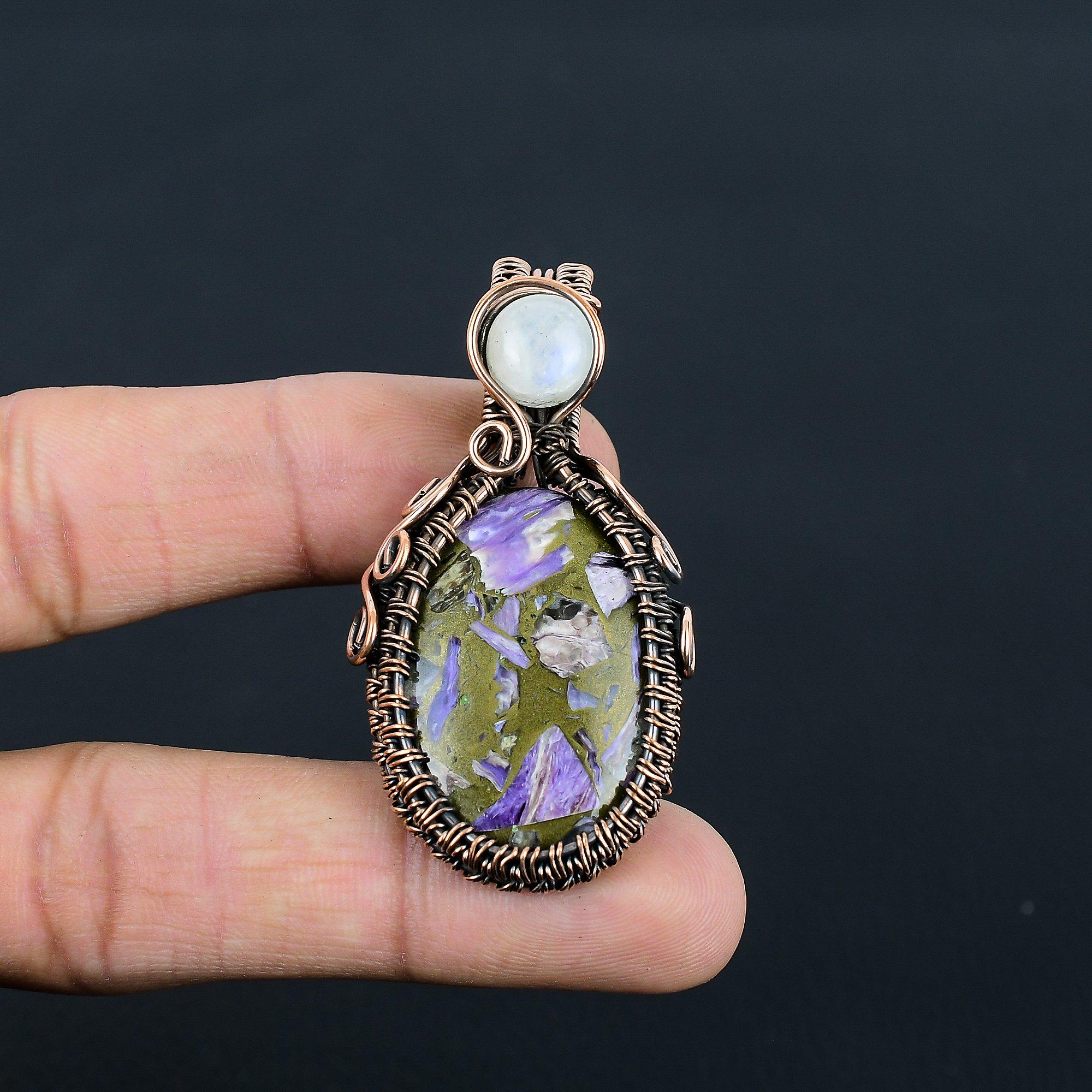 Copper Charoite & Moonstone Gemstone Handmade Pure Copper Wire Wrap Jewelry Pendant