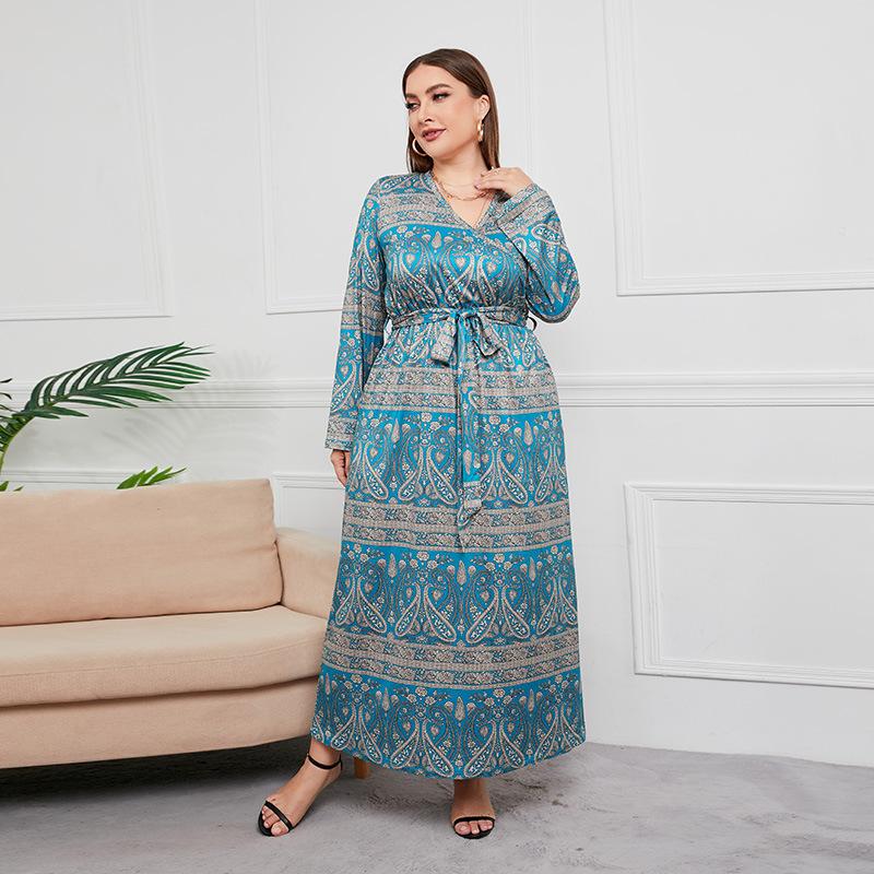 Spring and Autumn Women's Dress Plus Size Loose Women's V-Neck Long Dresses Vintage Temperament Printed Dresses