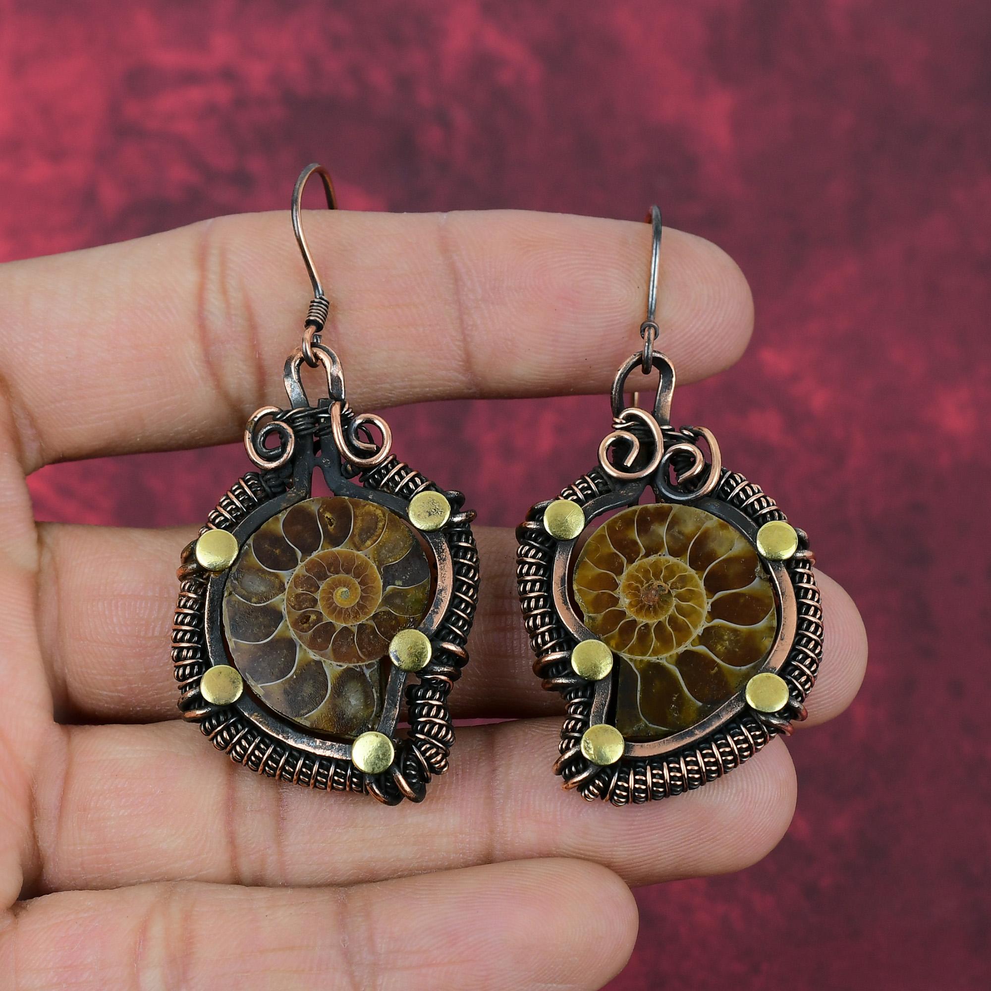 Ammonite Fossil Earring Copper Wire Wrapped Earring Elegant Jewelry Handmade Gemstone Earring Gifts For Wife Stylish Earrings Copper Jewelry