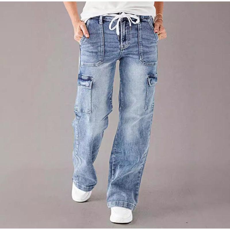 Jeans Cargo Pants Women Streetwear Denims Washed Distressed Drawstring Lace Up Multiple Pockets 2025 Spring Autumn Straight Trousers