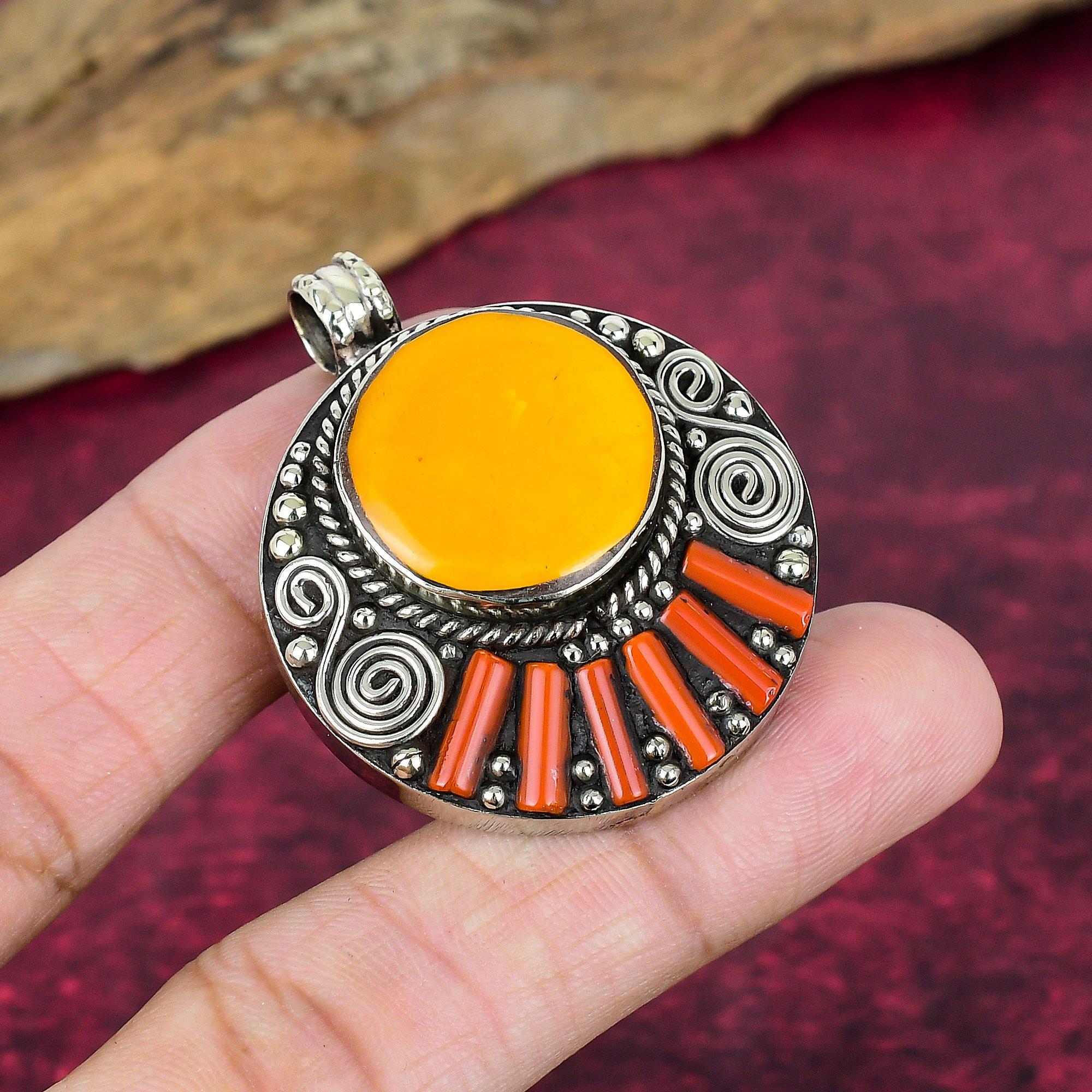 Koralowy i Turkusowy Wisiorek, Kamień Szlachetny Srebro Próby 925, Biżuteria Nepalska, Ręcznie Robiona Biżuteria Wisiorek z Kamieniem Urodzinowym, Prezent Dla Niego