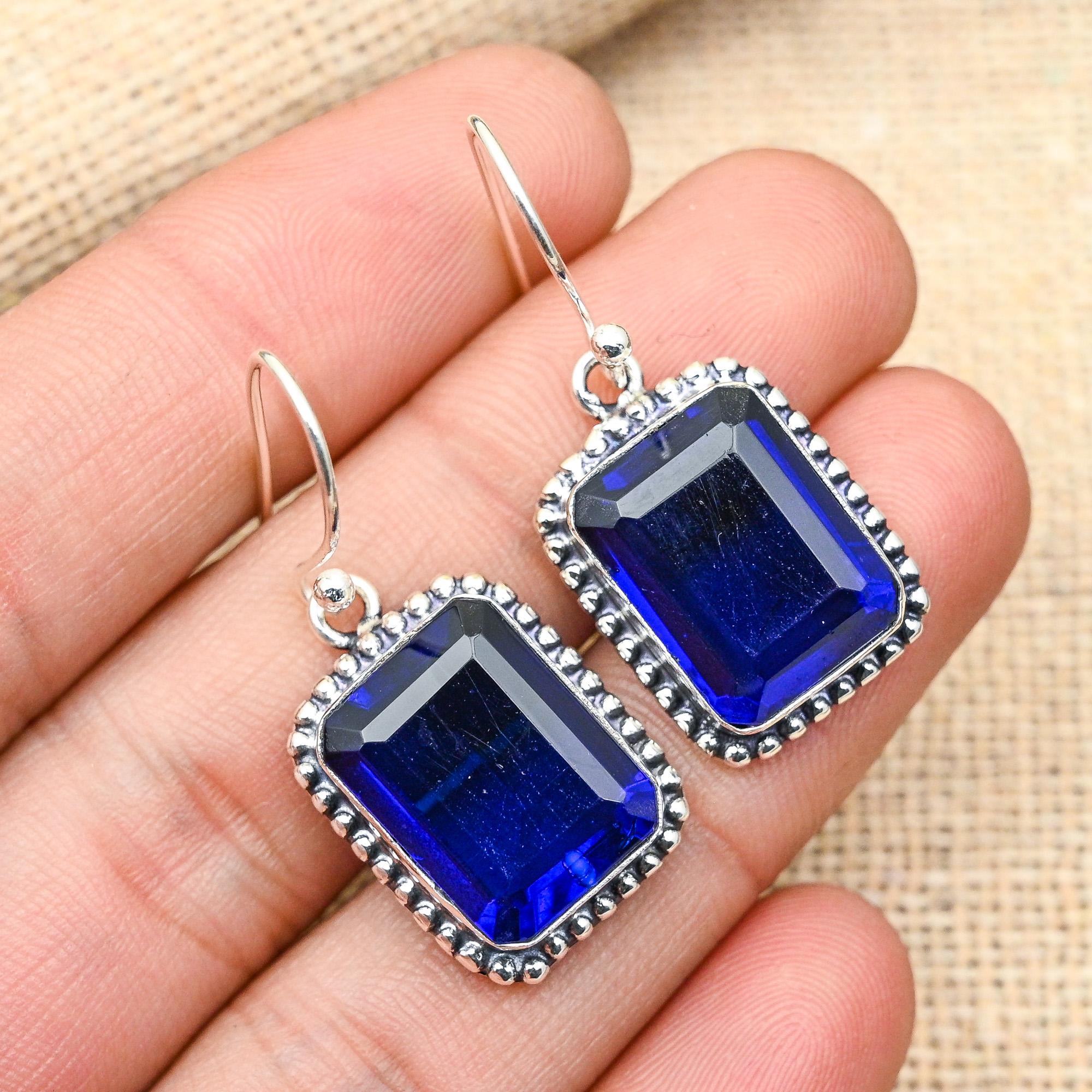 Blå Safir Ädelsten Lab-Skapad Handgjord 925 Sterling Silver Smycken Örhängen För Hennes