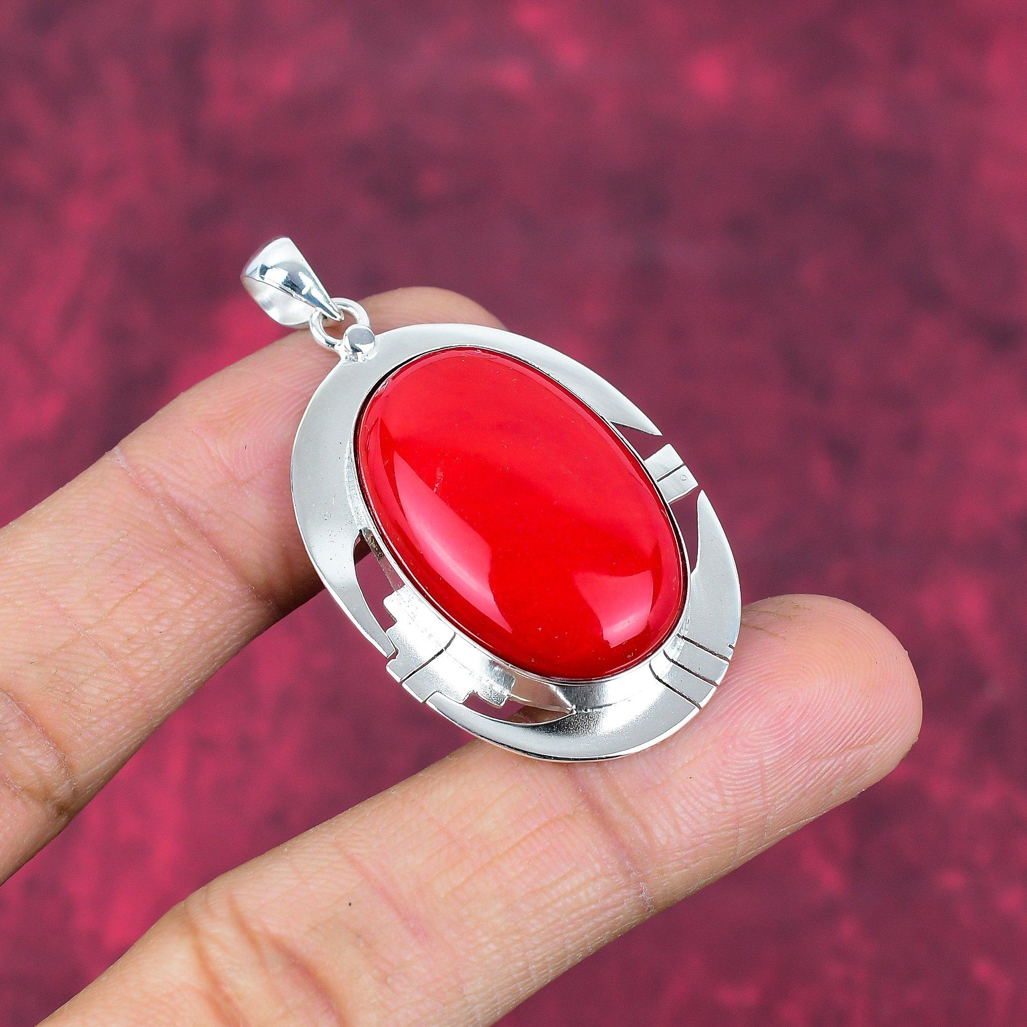 Red Coral Handmade Gemstone Pendant, 925 Solid Sterling Silver Pendant Antique Jewelry, For Engagement Gift