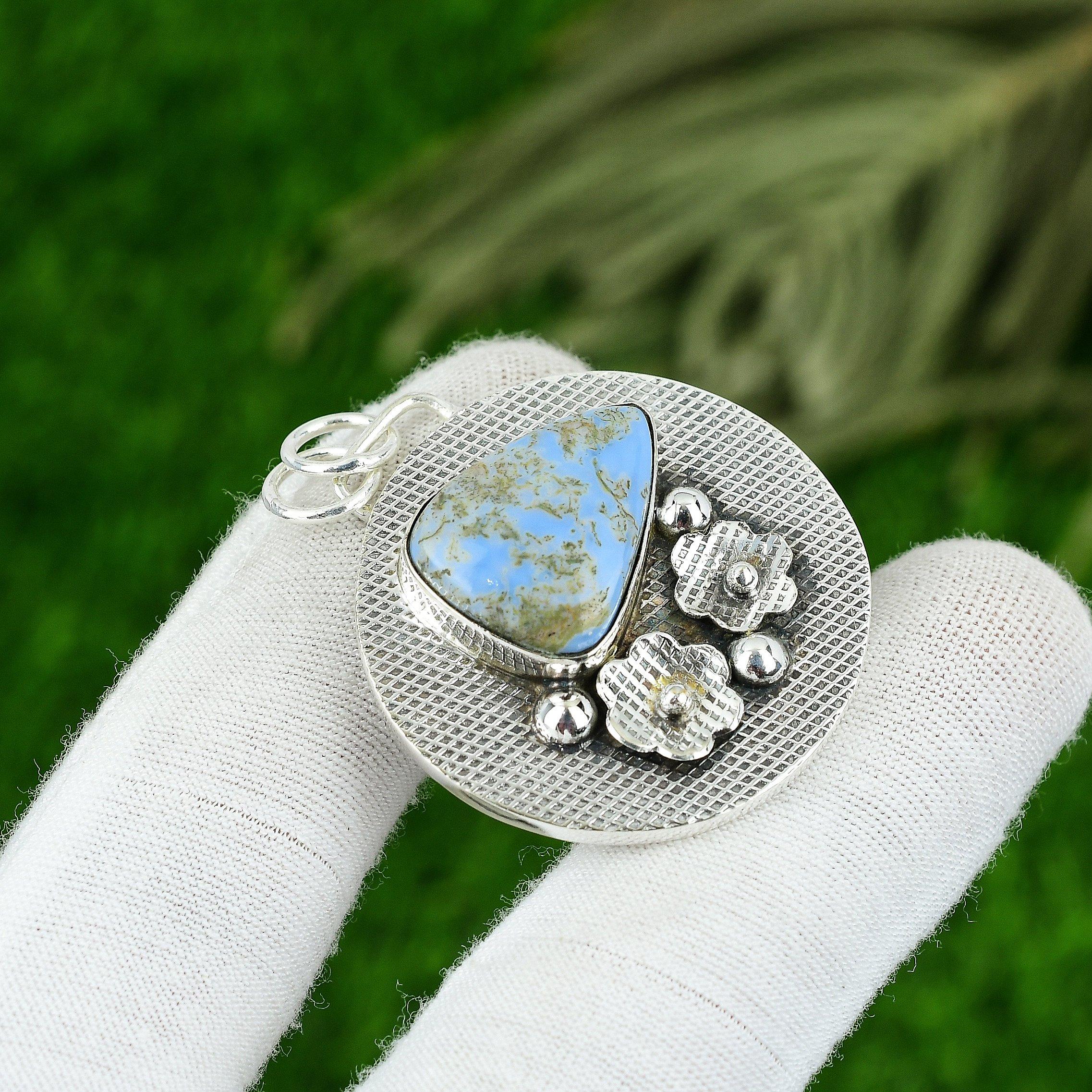 Anniversary Gift For Her Natural Owhyee Blue Opal Gemstone Pendant 925 Silver